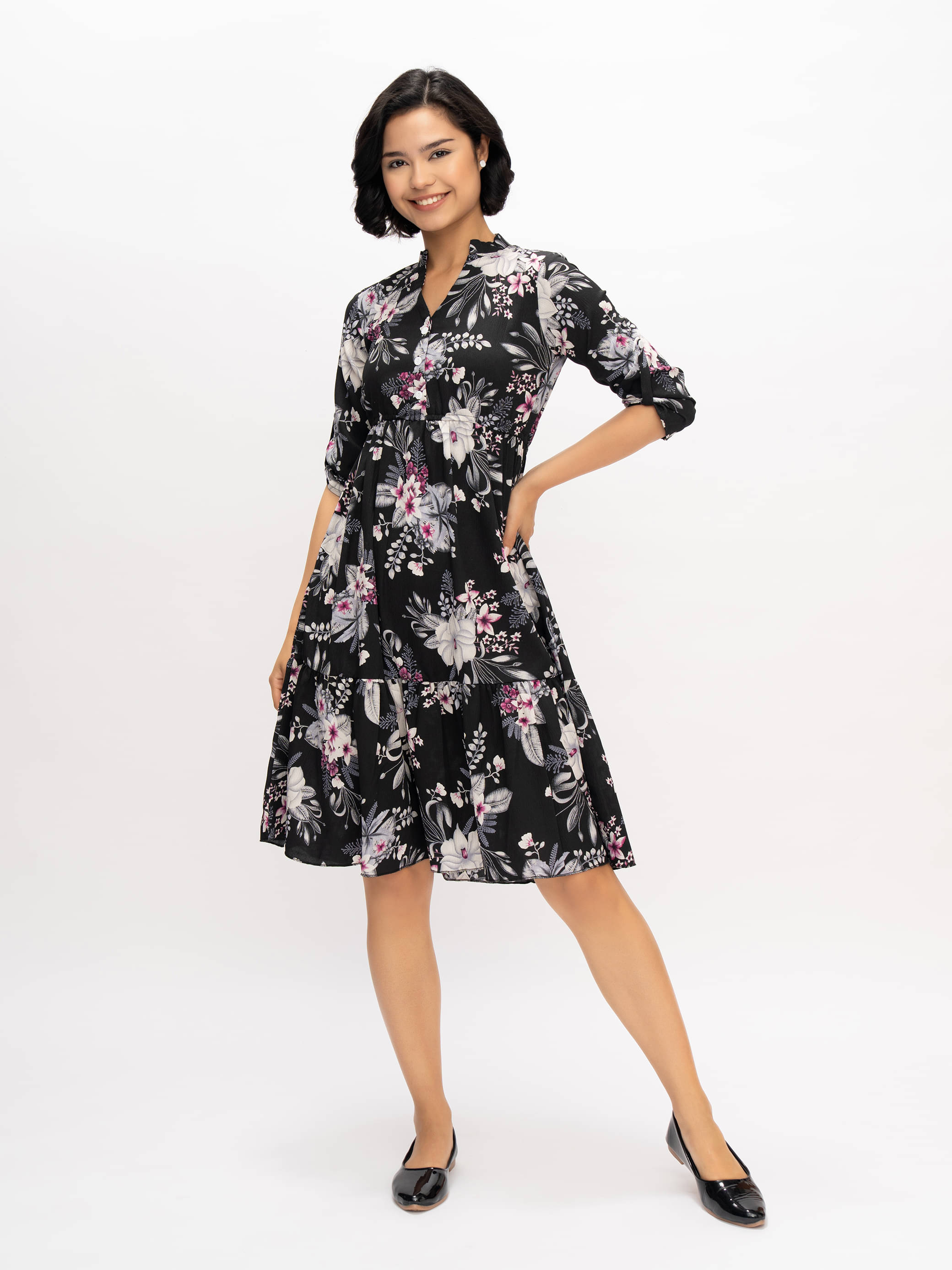     			aask Women Polyester Printed Fit & Flare Dress ( Black )