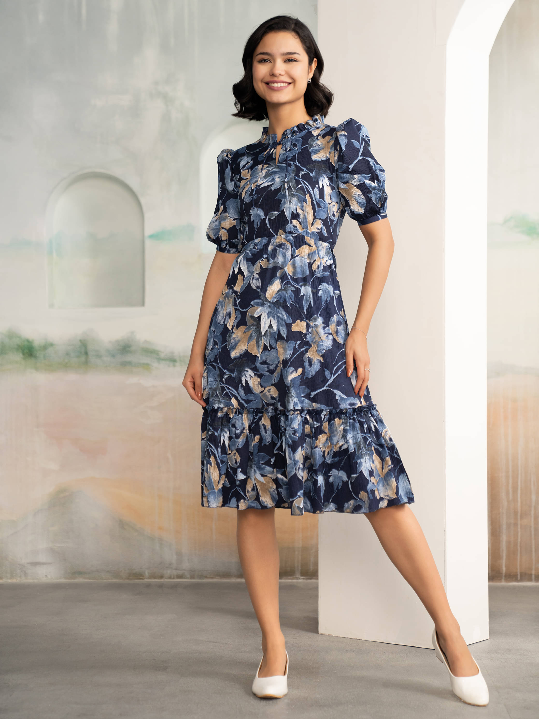     			aask Women Polyester Printed Fit & Flare Dress ( Blue )