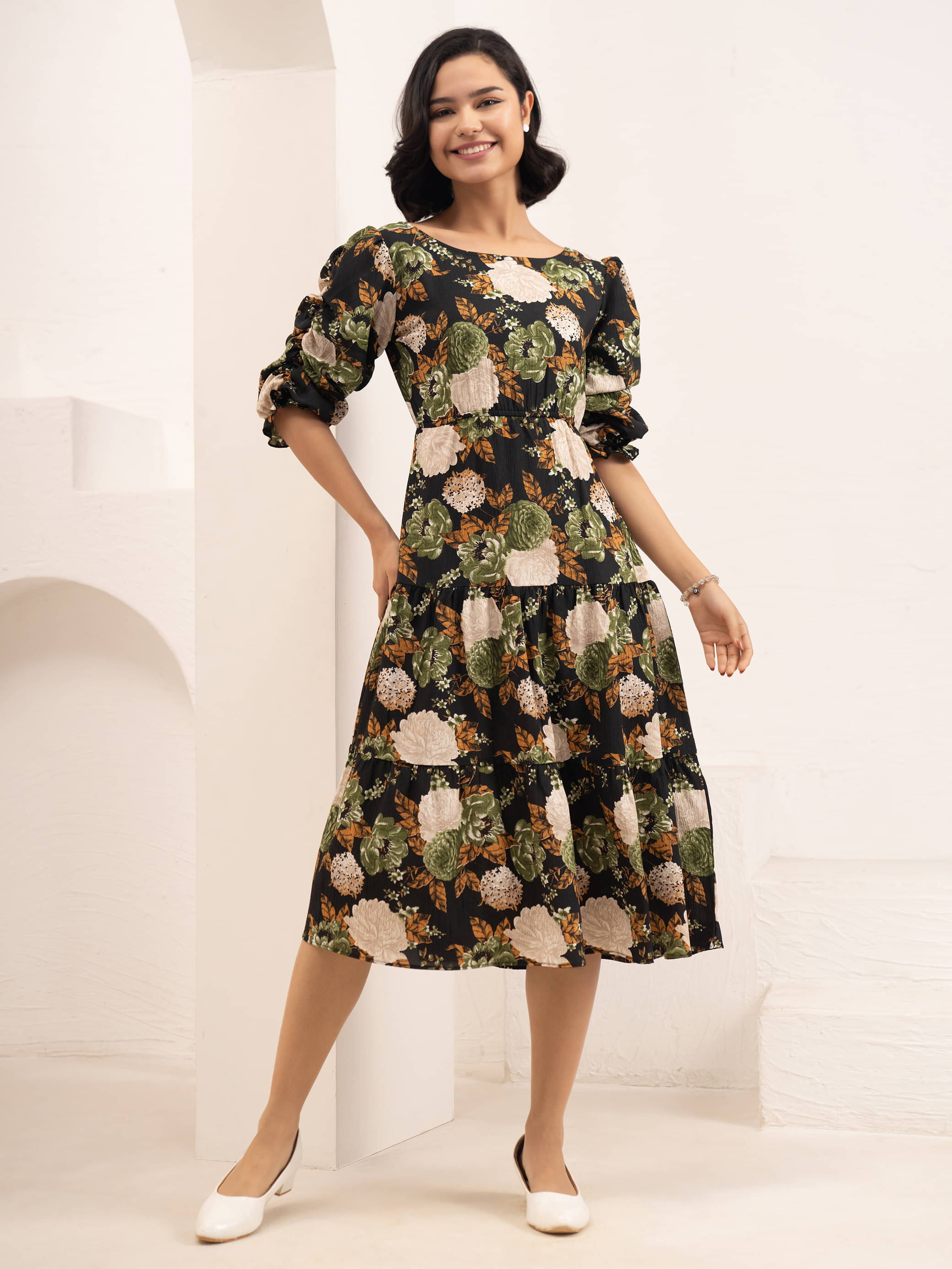     			aask Women Polyester Printed Fit & Flare Dress ( Green )