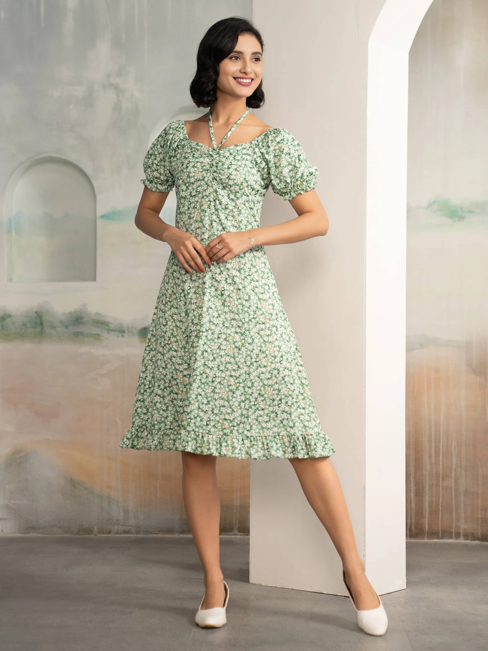 aask Women Polyester Printed Fit & Flare Dress ( Green )     			aask Women Polyester Printed Fit & Flare Dress ( Green )