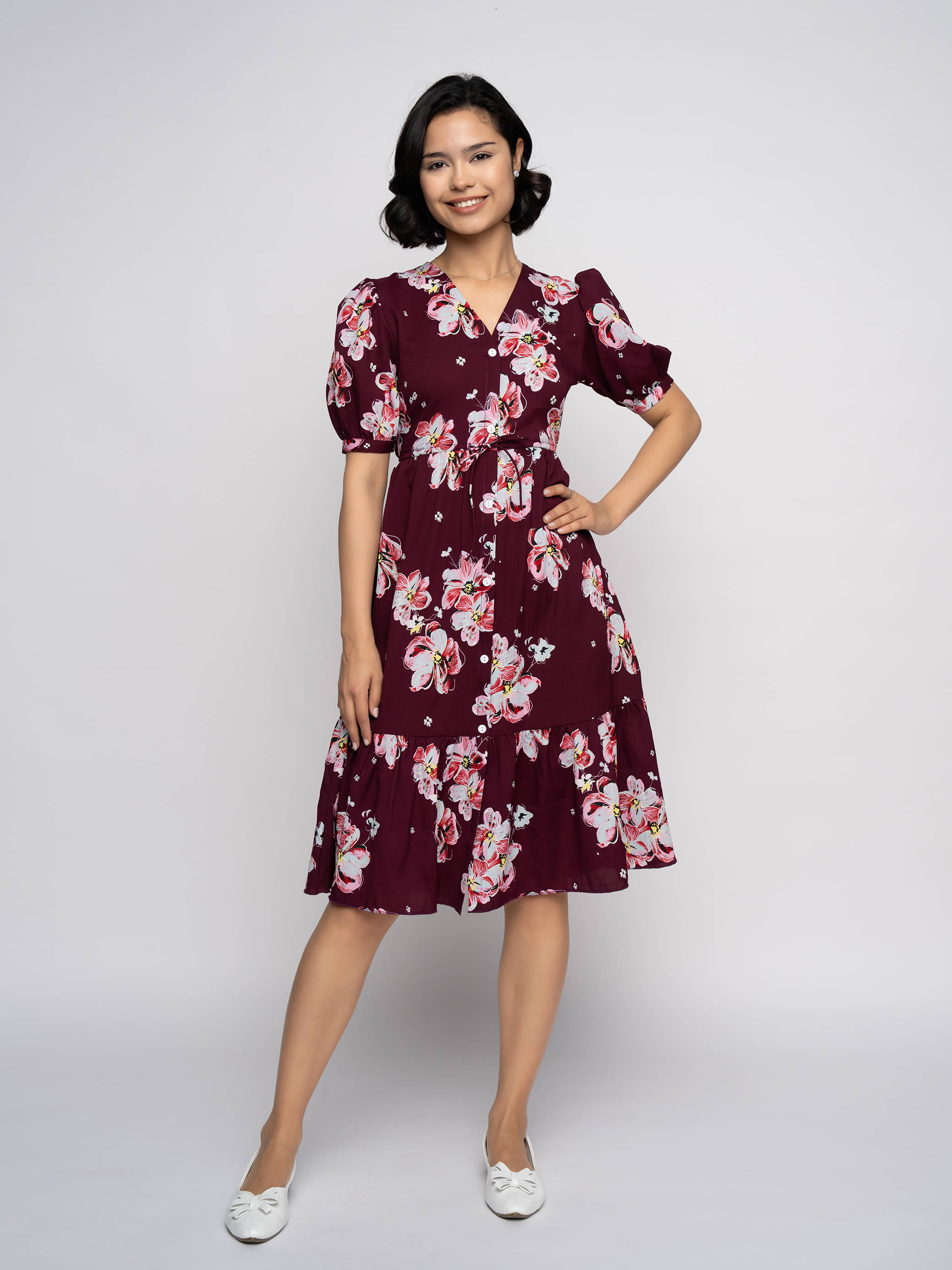     			aask Women Polyester Printed Fit & Flare Dress ( Wine )