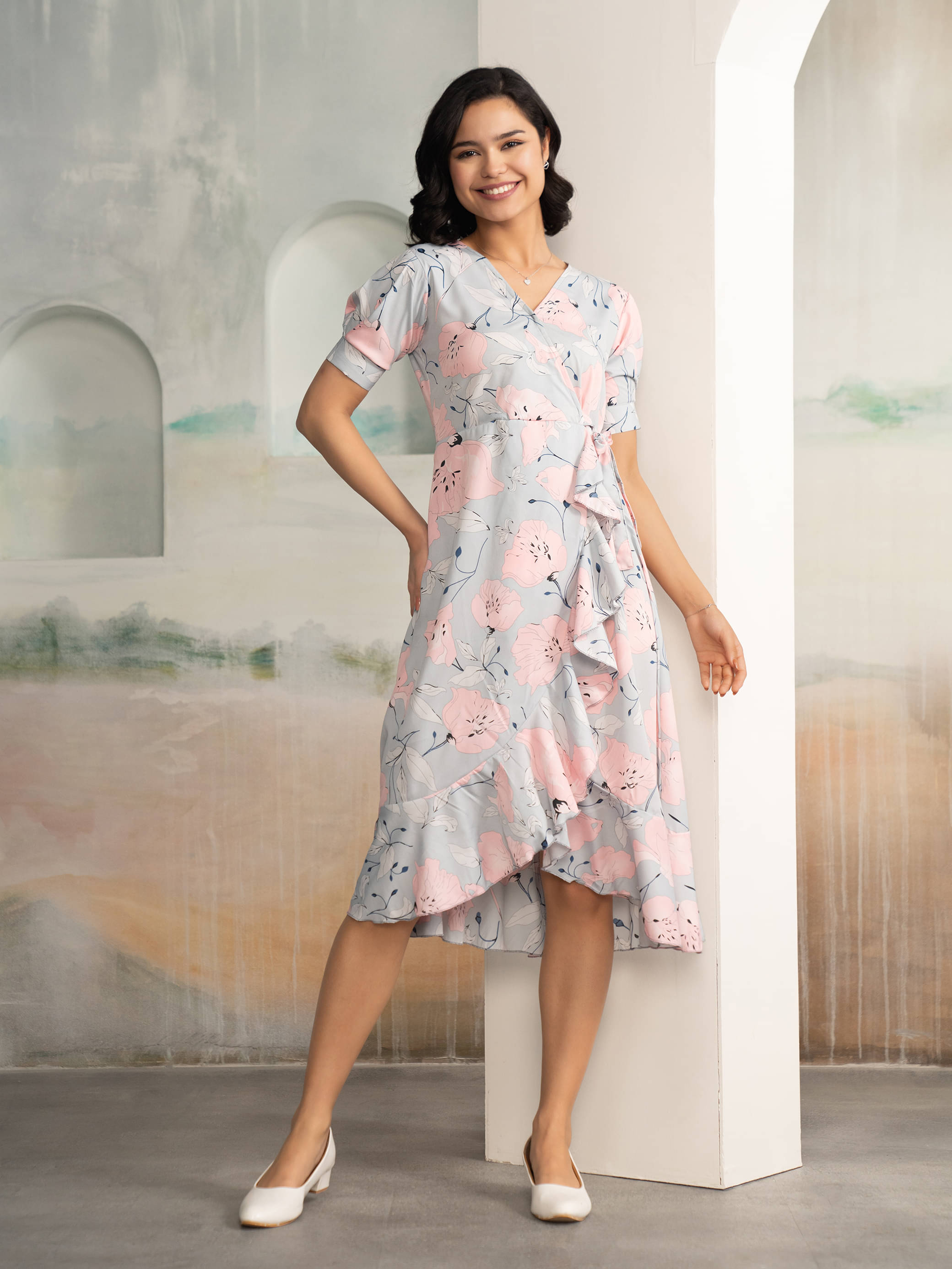     			aask Women Polyester Printed Fit & Flare Dress ( Blue )