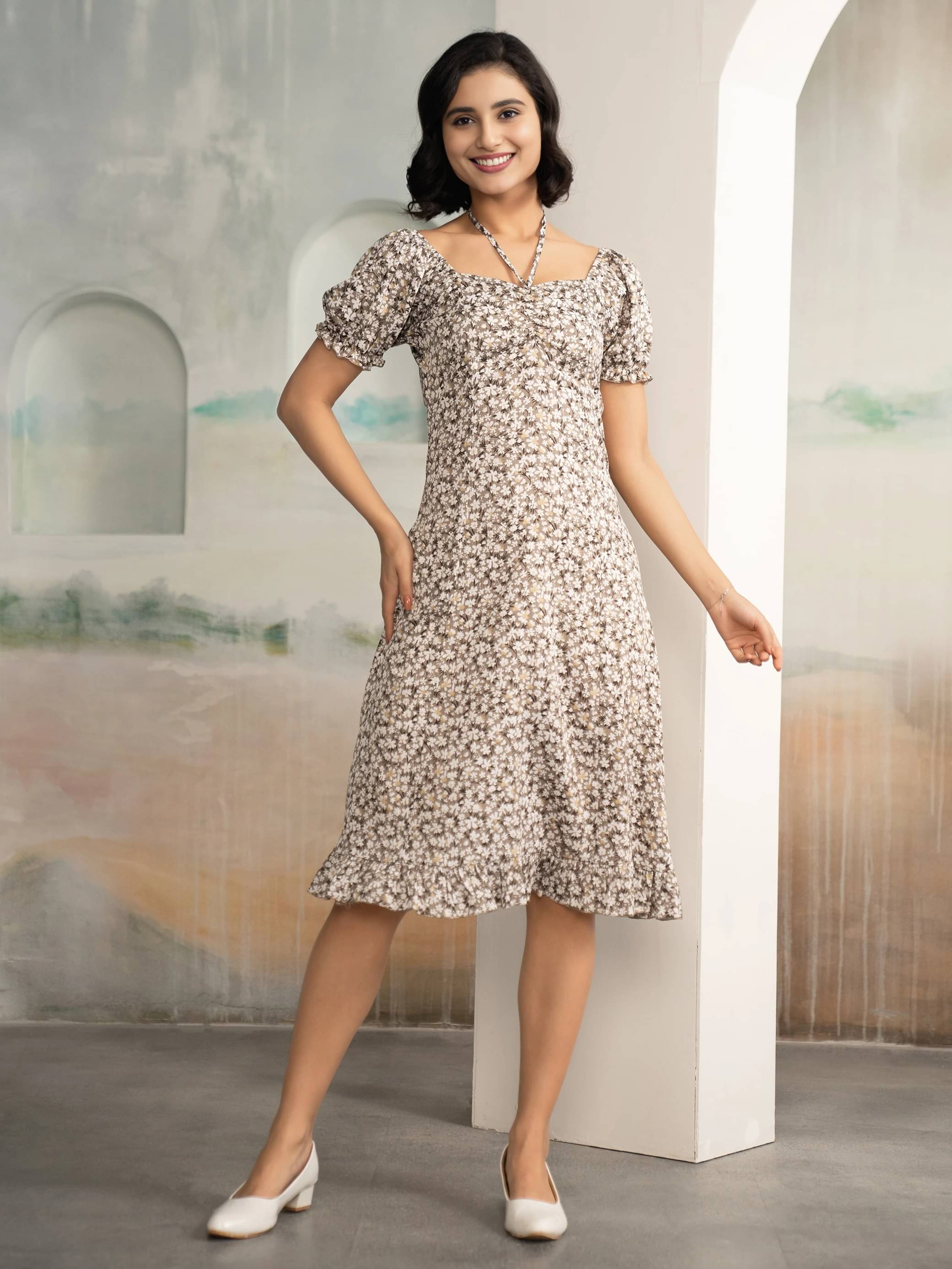     			aask Women Polyester Printed Fit & Flare Dress ( Coffee )