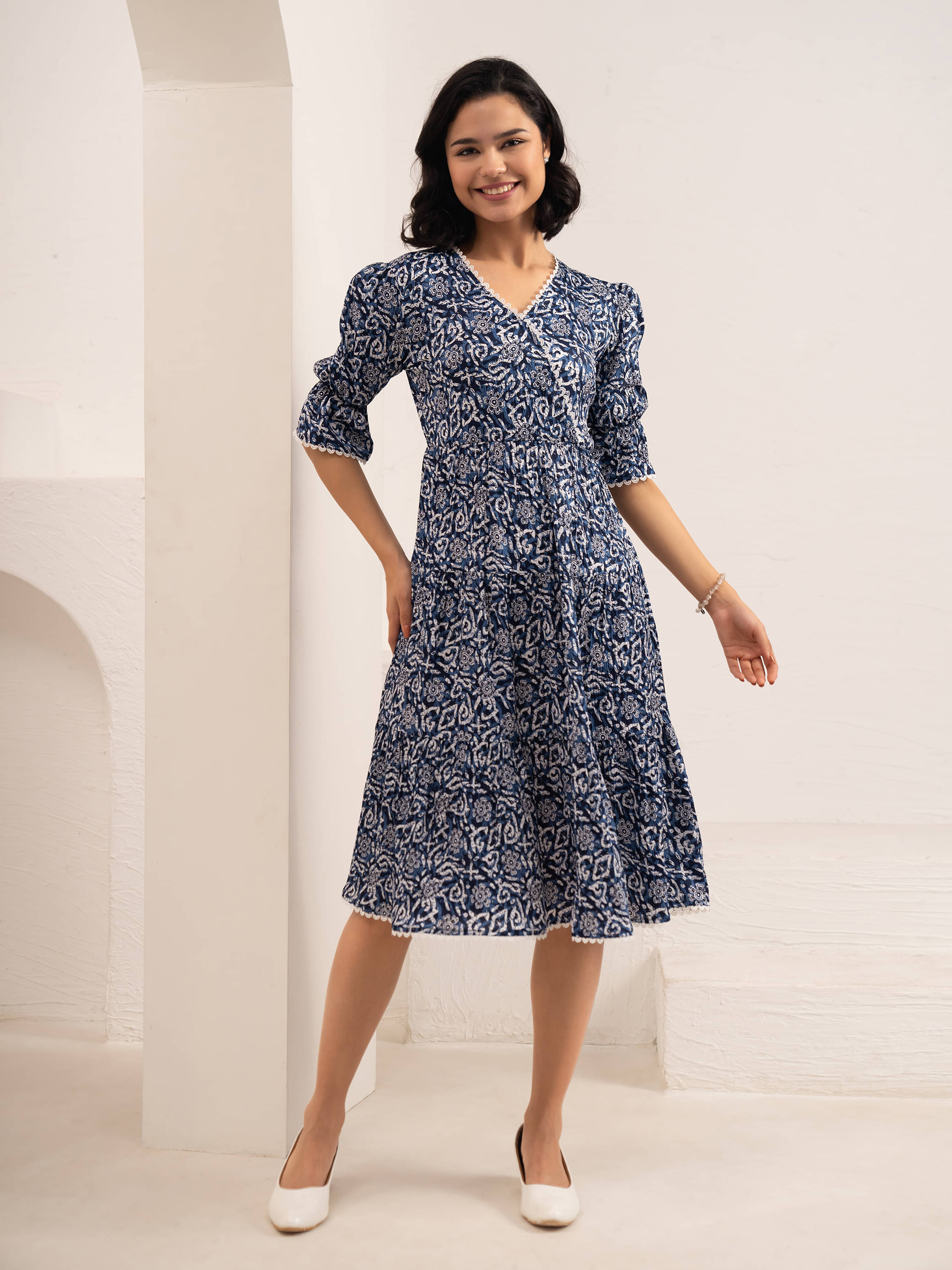 aask Women Polyester Printed Fit & Flare Dress ( Navy Blue ) aask Women Polyester Printed Fit & Flare Dress ( Navy Blue )