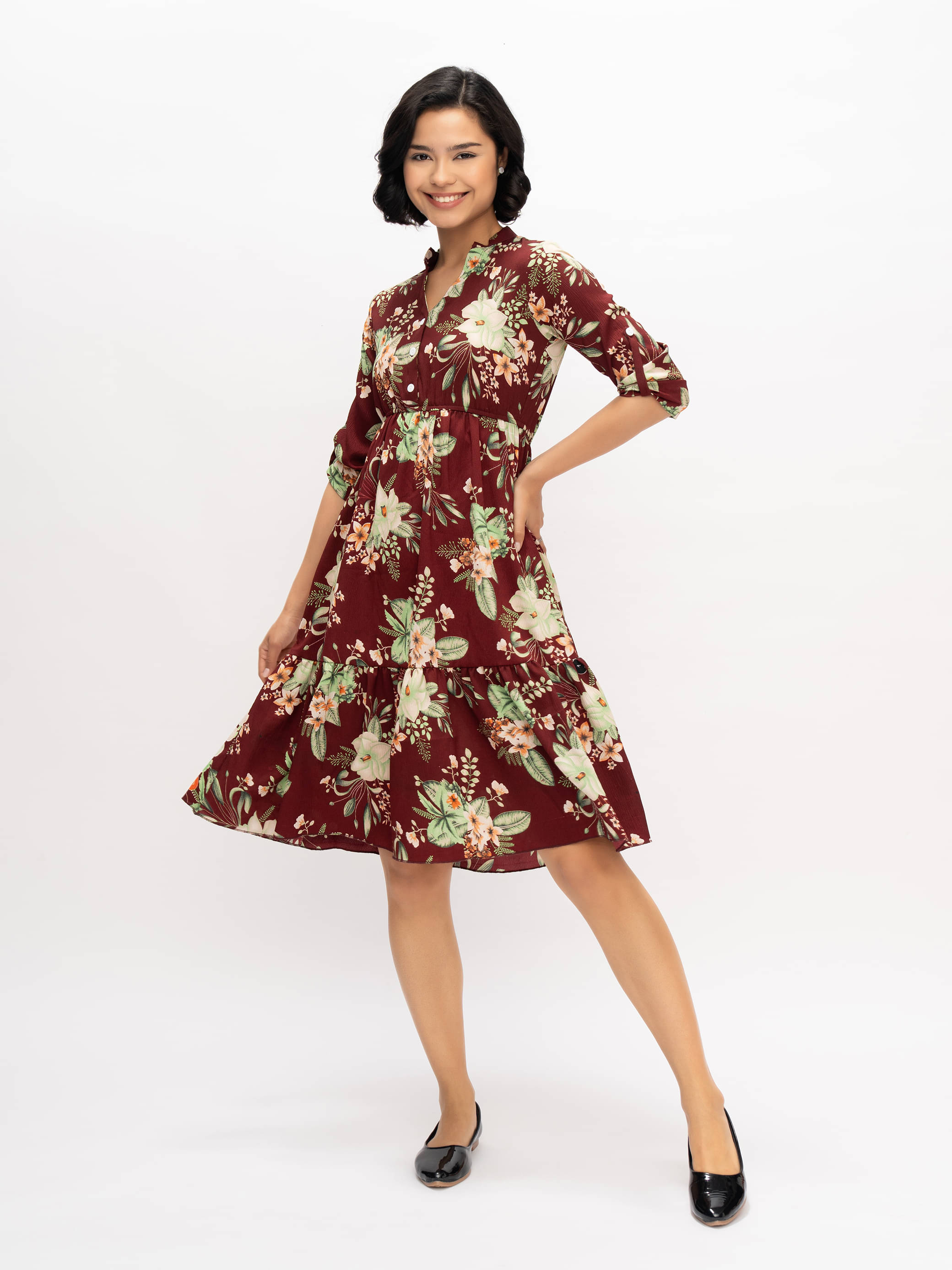     			aask Women Polyester Printed Fit & Flare Dress ( Maroon )