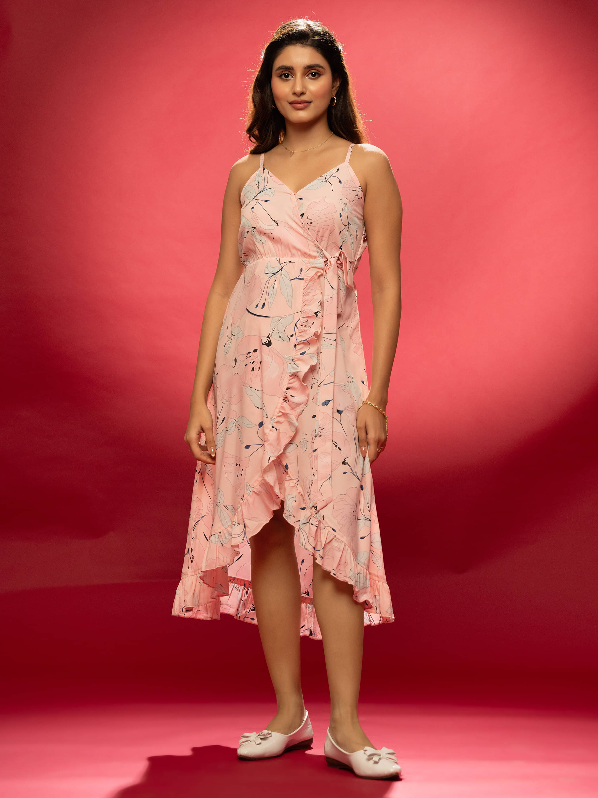     			aask Women Polyester Printed Fit & Flare Dress ( Peach )