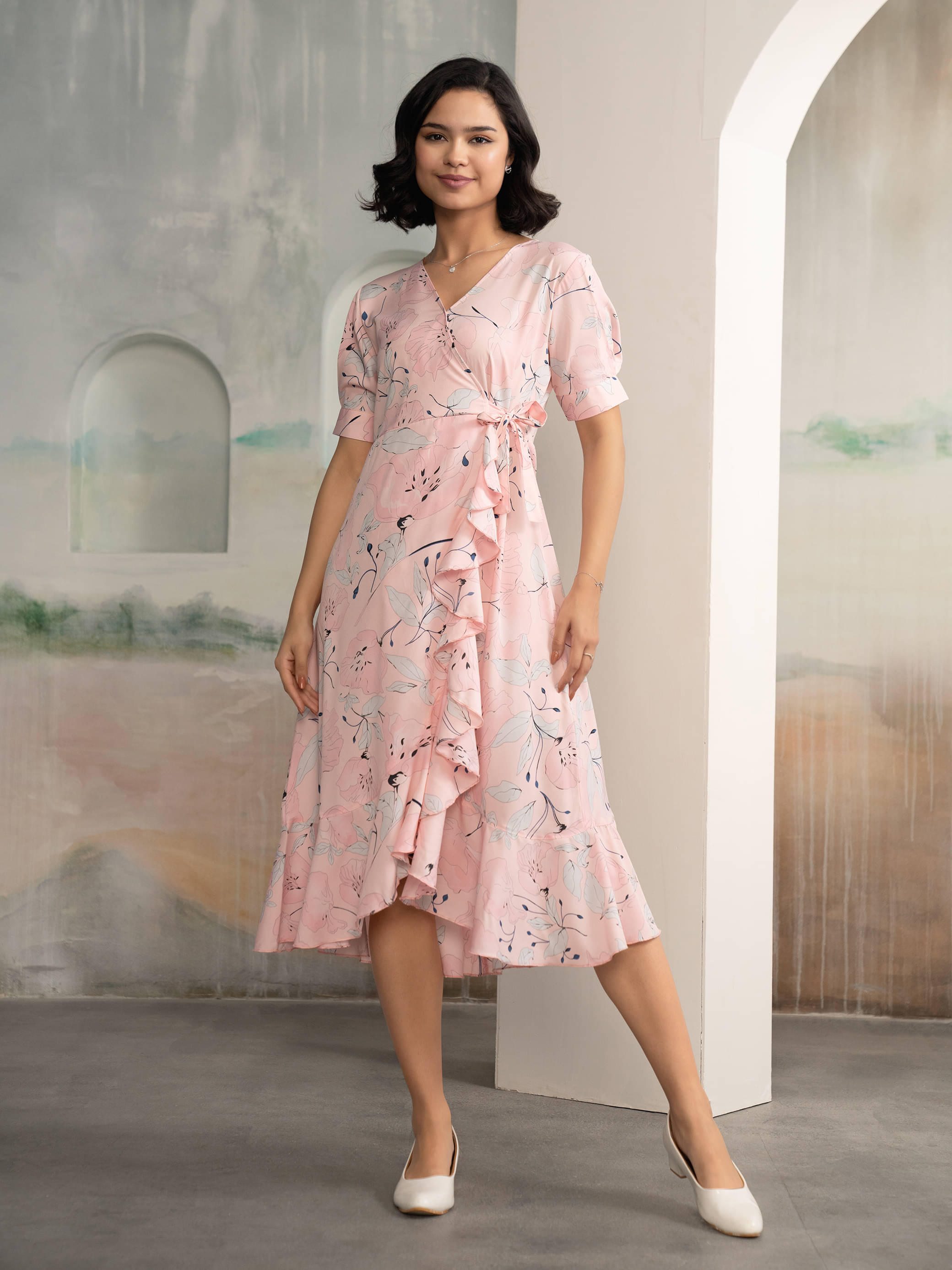 aask Women Polyester Printed Fit & Flare Dress ( Peach ) aask Women Polyester Printed Fit & Flare Dress ( Peach )