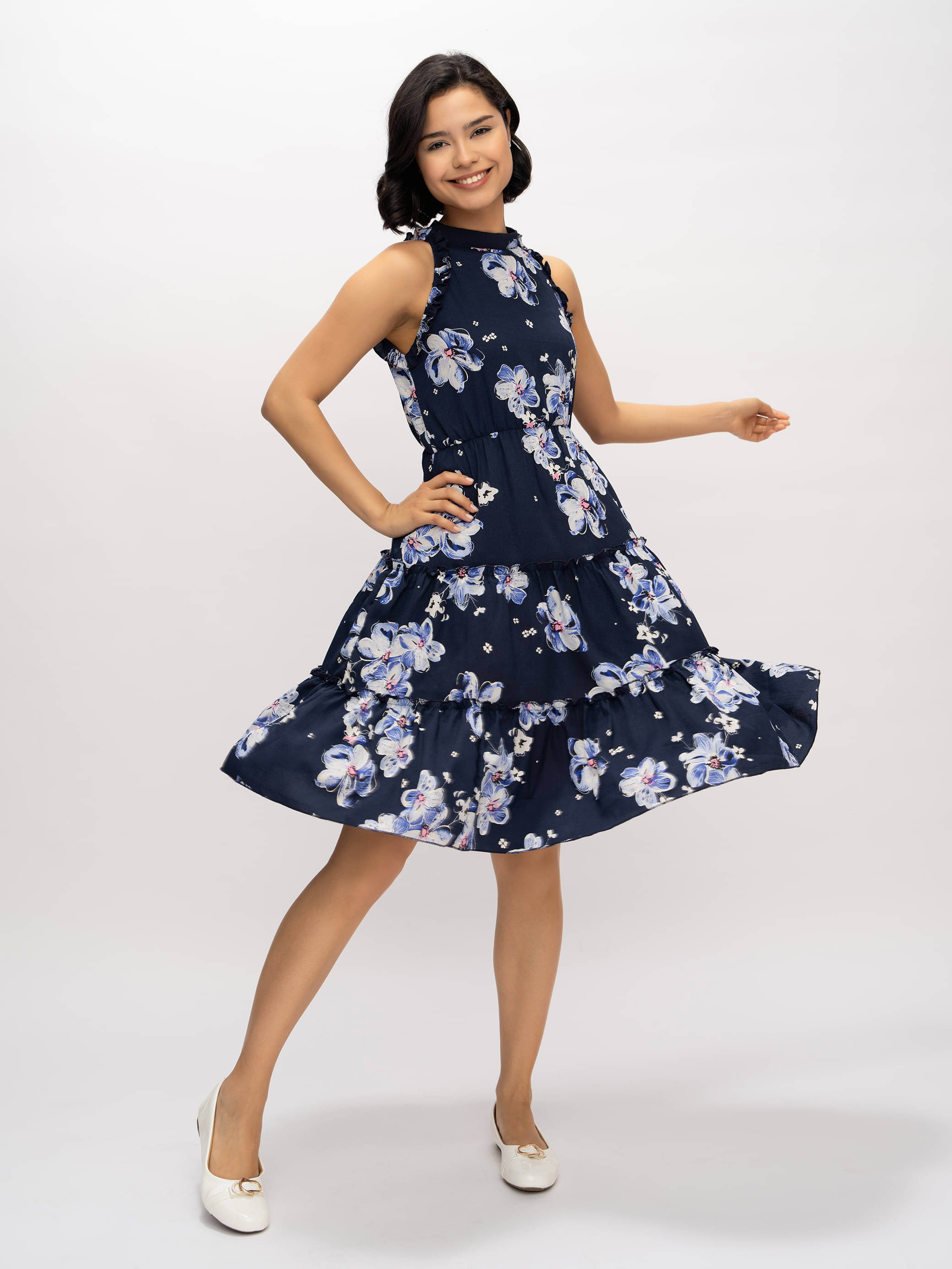 aask Women Polyester Printed Fit & Flare Dress ( Navy Blue )     			aask Women Polyester Printed Fit & Flare Dress ( Navy Blue )