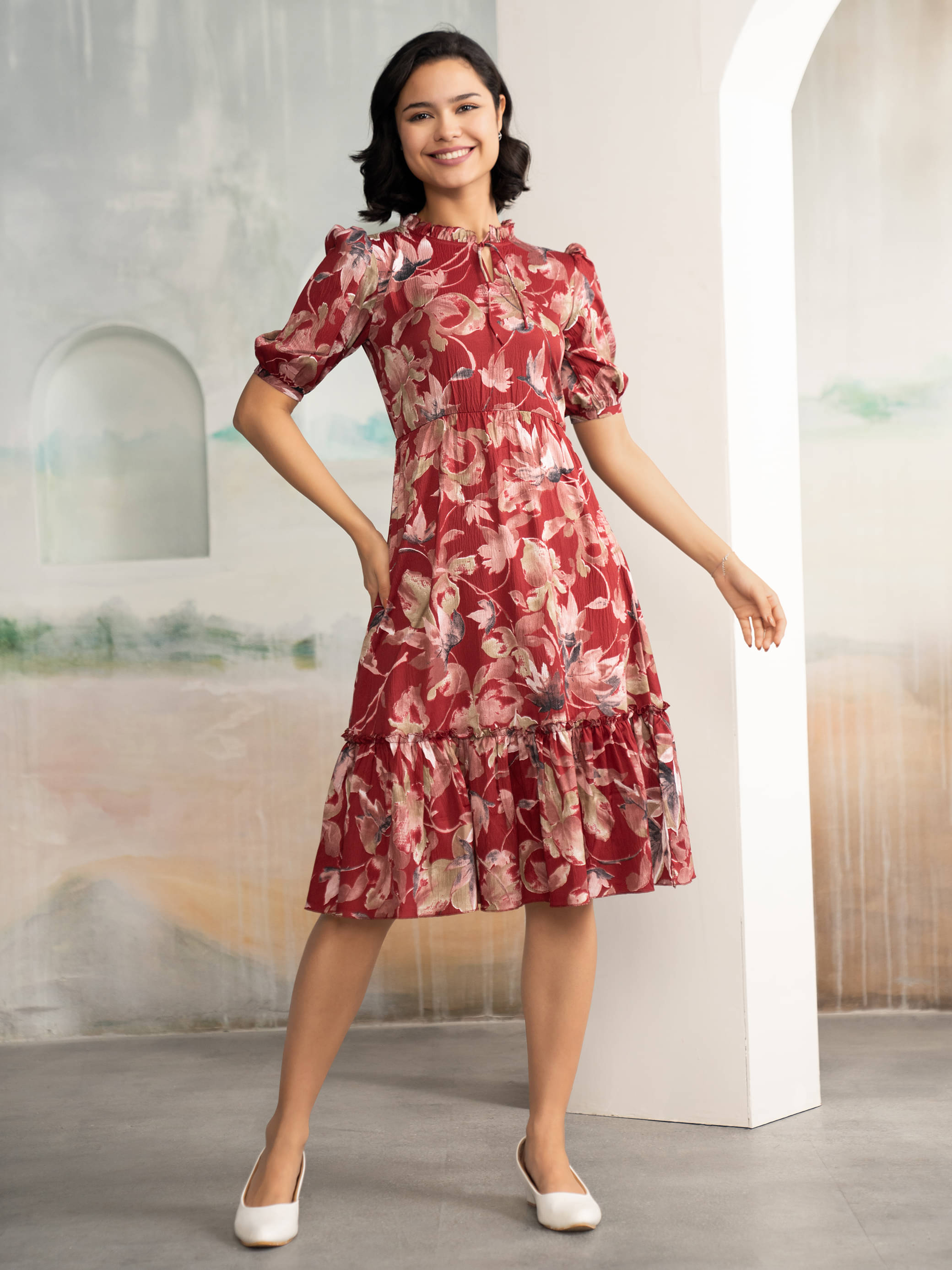 aask Women Polyester Printed Fit & Flare Dress ( Maroon )     			aask Women Polyester Printed Fit & Flare Dress ( Maroon )