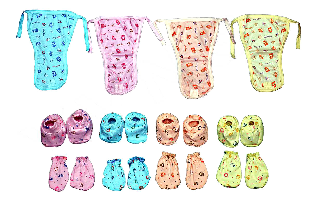     			Cutiemom New Born unisex Babycare Cloth Set Combo (4 Pcs) Hand Mittens / Gloves (4 Pair), Leg Booties / Socks (4 Pair), Random Print