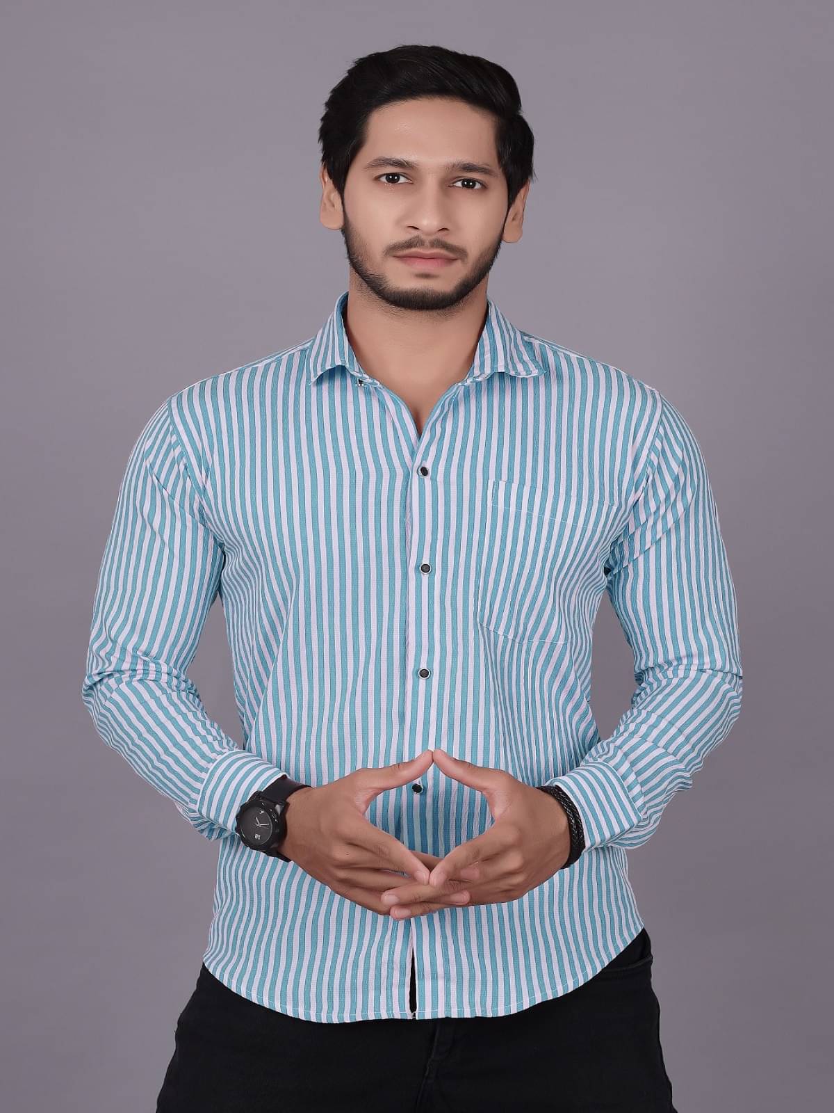 JEEVAAN - THE PERFECT FASHION Cotton Blend Regular Fit Striped Full Sleeves Men's Casual Shirt - Light Blue ( Pack of 1 ) JEEVAAN - THE PERFECT FASHION Cotton Blend Regular Fit Striped Full Sleeves Men's Casual Shirt - Light Blue ( Pack of 1 )