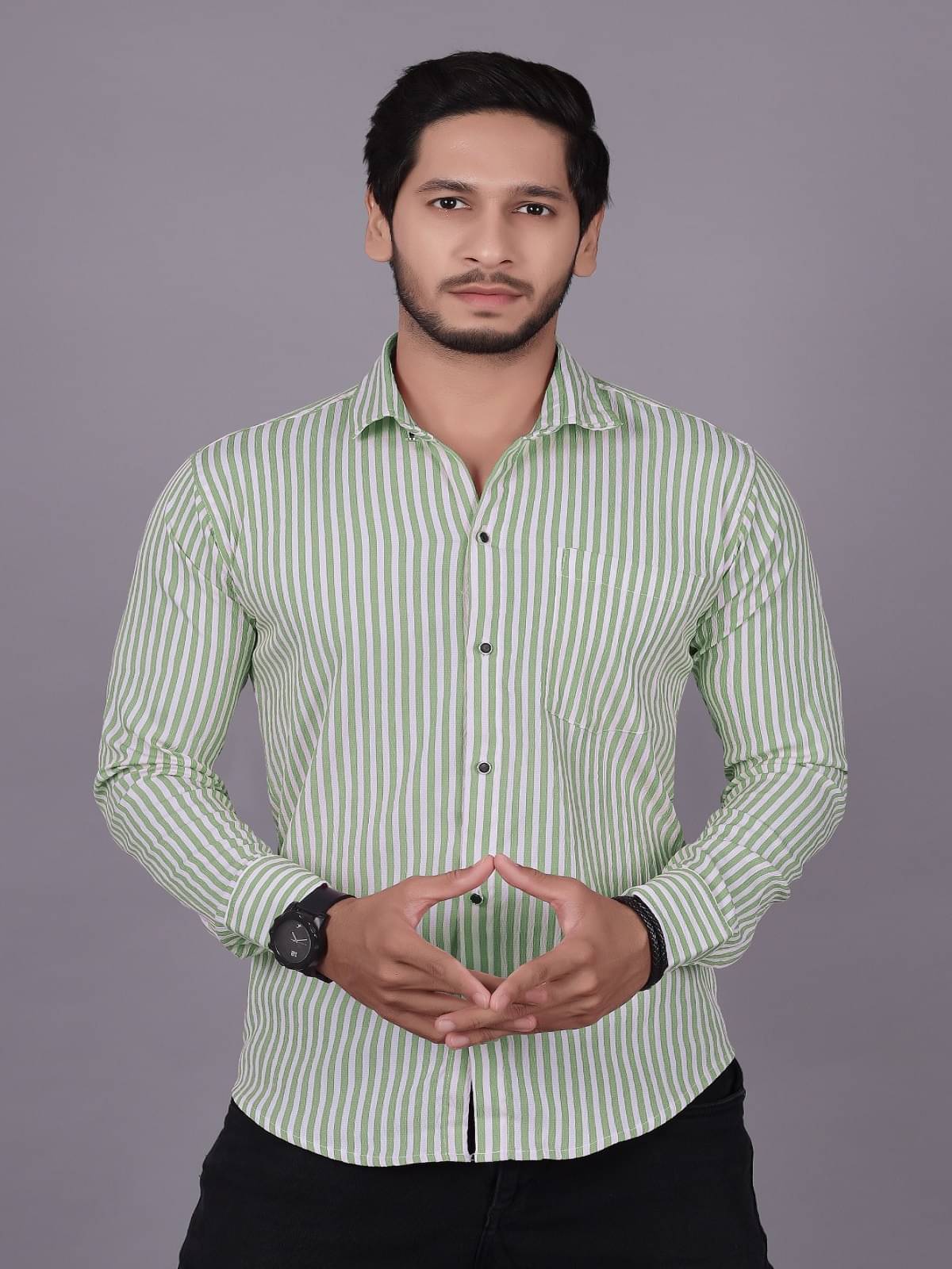     			JEEVAAN - THE PERFECT FASHION Poly Cotton Regular Fit Striped Full Sleeves Men's Casual Shirt - Green ( Pack of 1 )