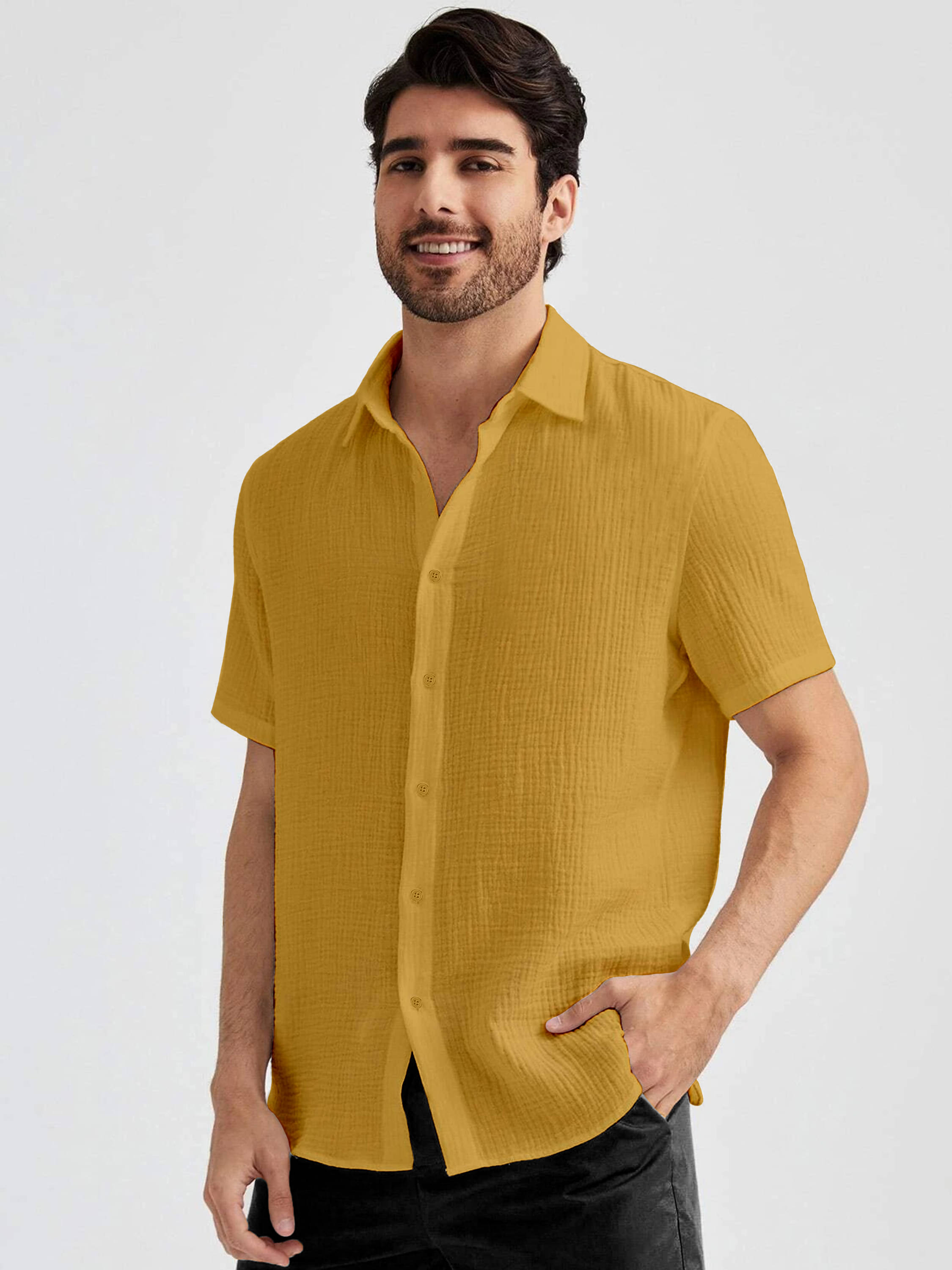     			KAKIDO Polyester Regular Fit Half Sleeves Men's Formal Shirt - Yellow ( Pack of 1 )