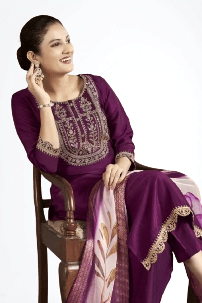 KRISHNA ENTERPRISE Women Cotton Blend Embroidered A-line Kurti With Pants ( Purple ) KRISHNA ENTERPRISE Women Cotton Blend Embroidered A-line Kurti With Pants ( Purple )