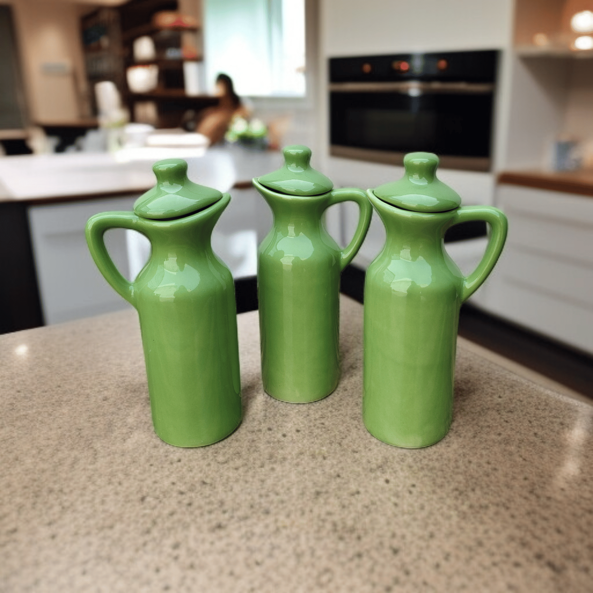     			Malaikah Olv Sld Oil Dspnsr Ceramic Olive Green Oil Container ( Set of 3 )