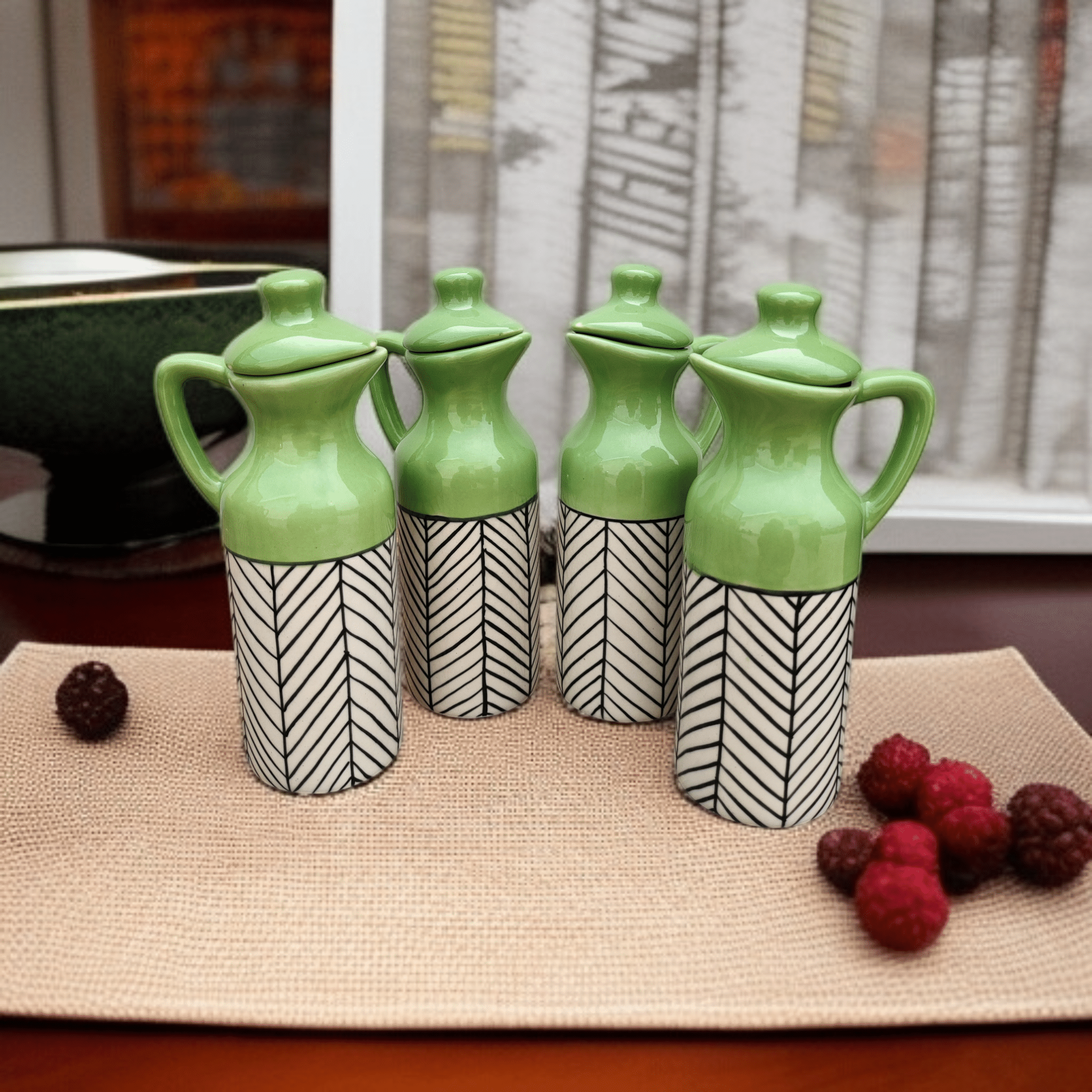 Malaikah Olv Zbra Oil Dspnsr Ceramic Olive Green Oil Container ( Set of 4 ) Malaikah Olv Zbra Oil Dspnsr Ceramic Olive Green Oil Container ( Set of 4 )