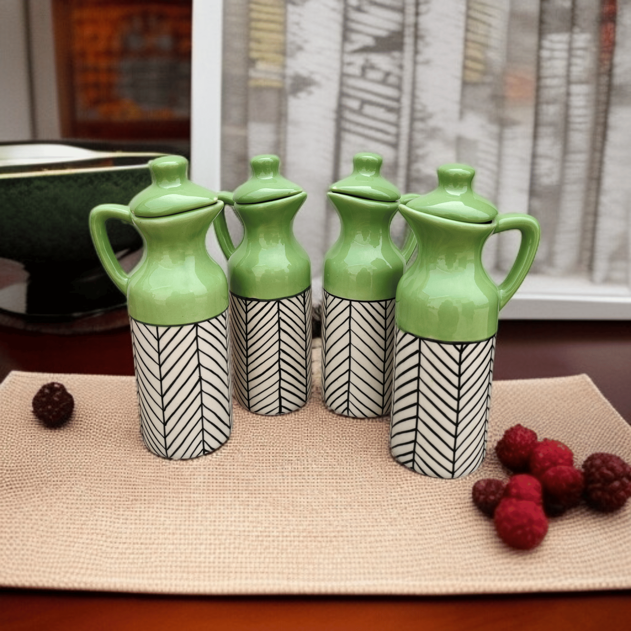     			Malaikah Olv Zbra Oil Dspnsr Ceramic Olive Green Oil Container ( Set of 4 )