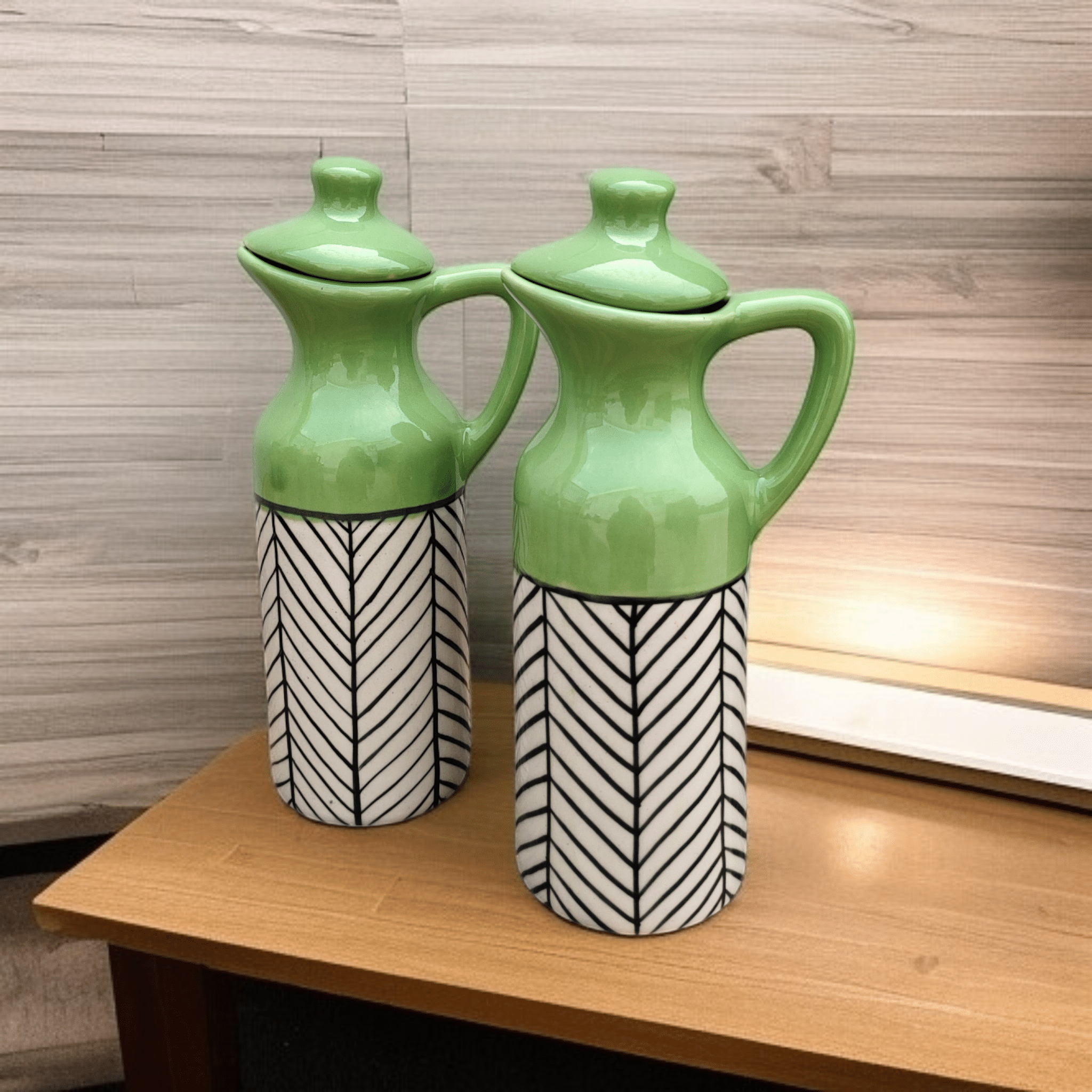 Malaikah Olv Zbra Oil Dspnsr Ceramic Olive Green Oil Container ( Set of 2 ) Malaikah Olv Zbra Oil Dspnsr Ceramic Olive Green Oil Container ( Set of 2 )