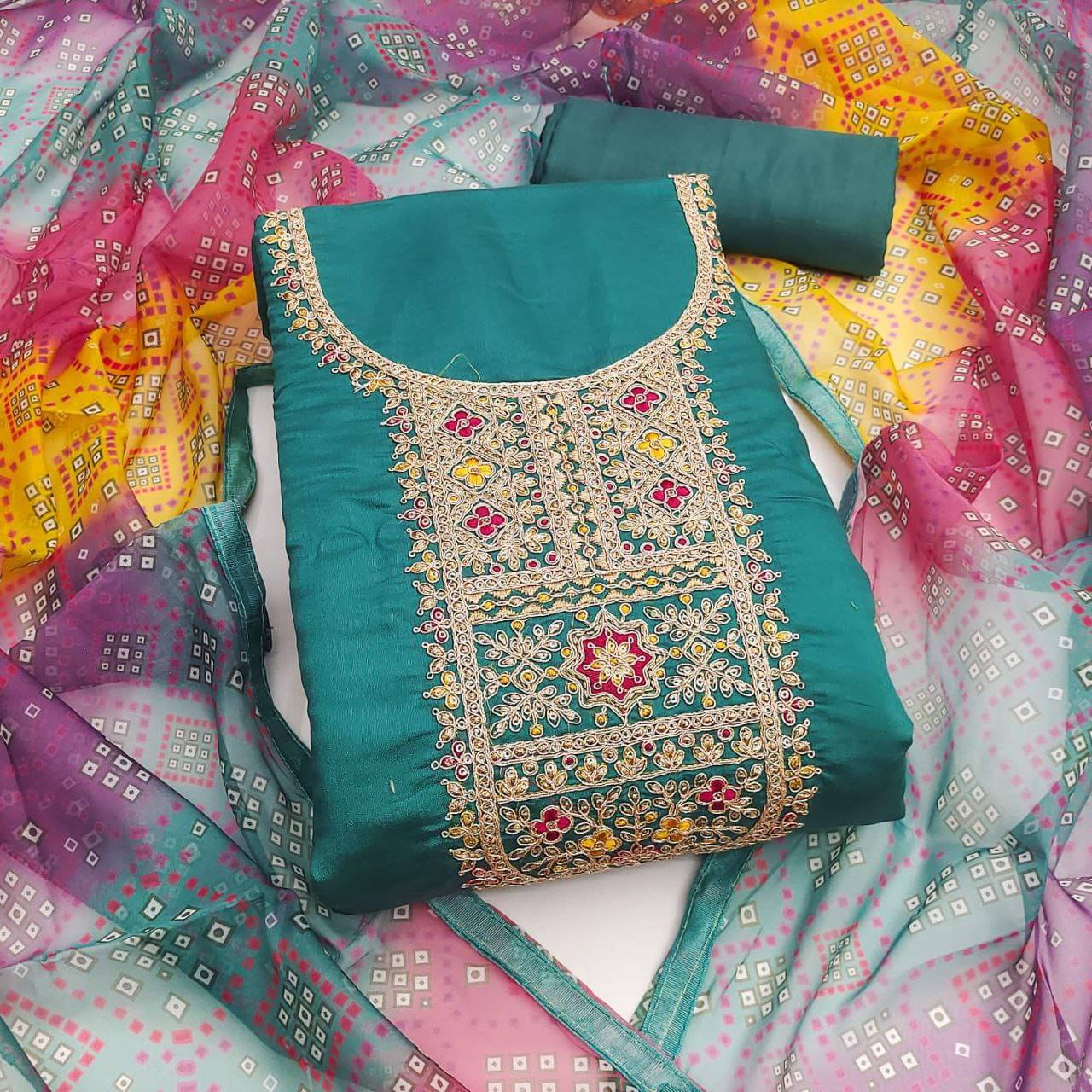 Rangtulika Ethnics Women Silk Unstitched Dress Material ( Teal ) Rangtulika Ethnics Women Silk Unstitched Dress Material ( Teal )