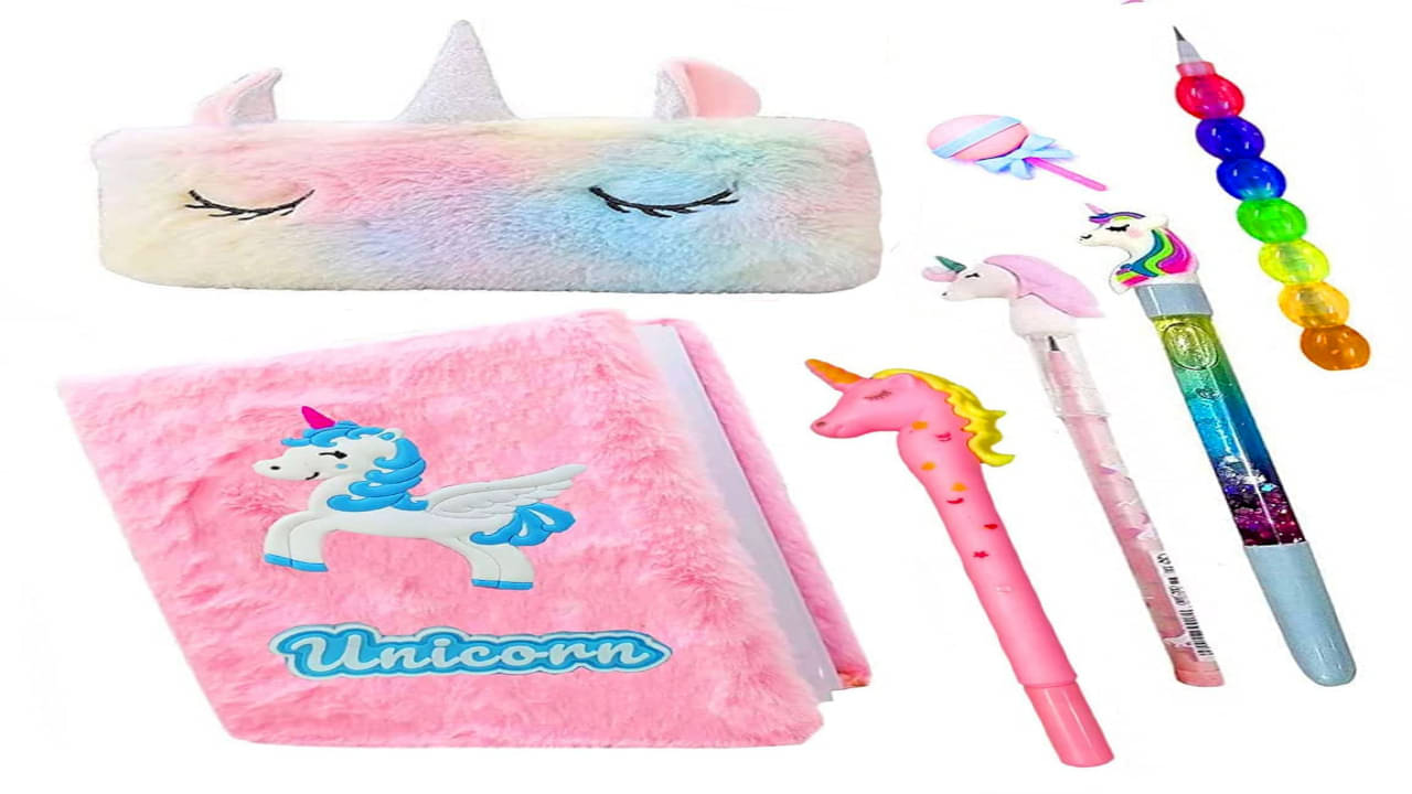     			Unicorn Stationery Set for Girls, a6 Size Unicorn Diary Notebook for Girls with Fur Pencil Box, Pencil Pouch, Unicorn Pen, Unicorn Pencil, Designer Eraser , 7 Piece Set, Theme Return Gift