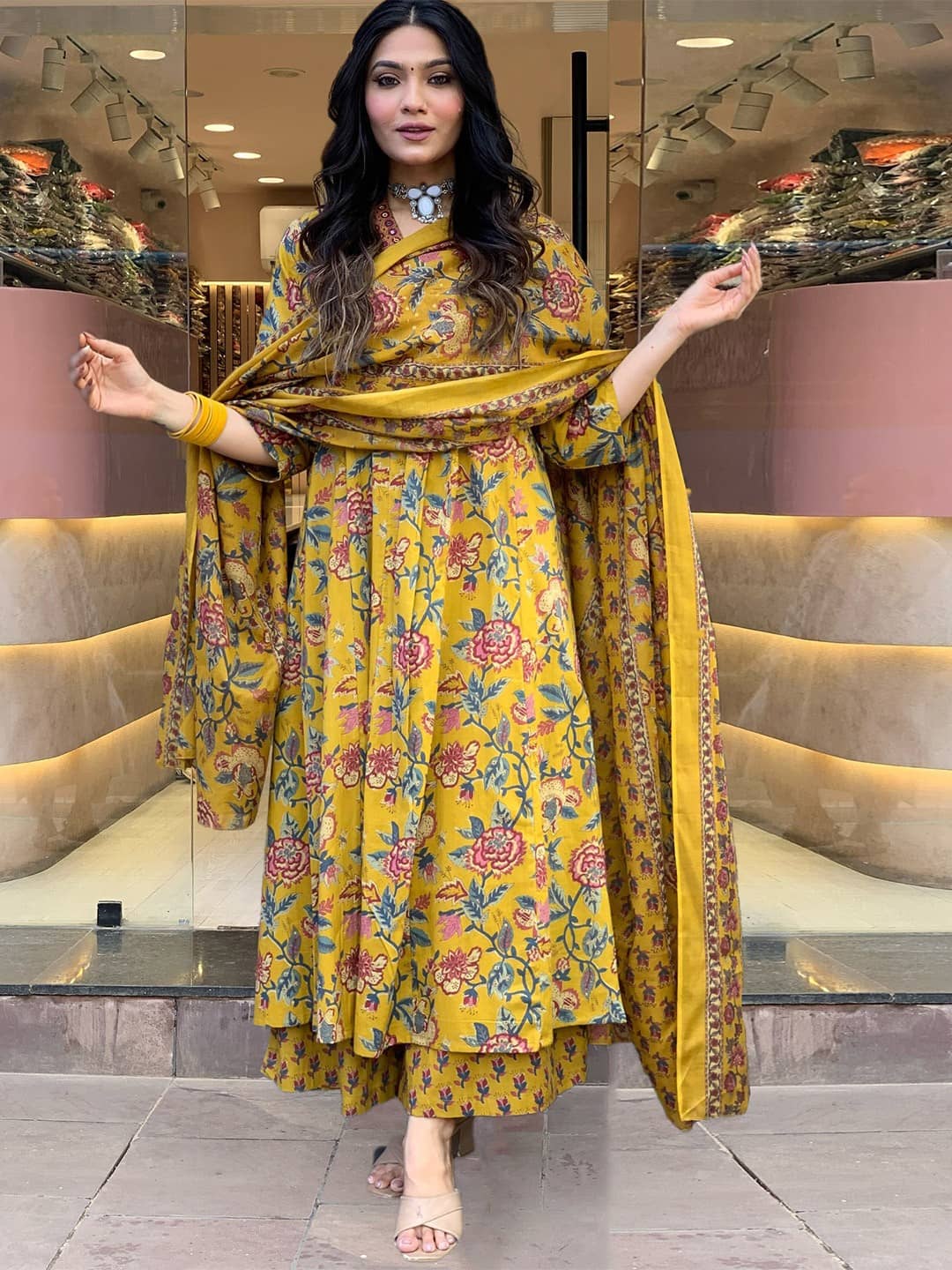 YAGNIK FASHION Women Rayon Printed Anarkali Kurti With Pants ( Yellow )