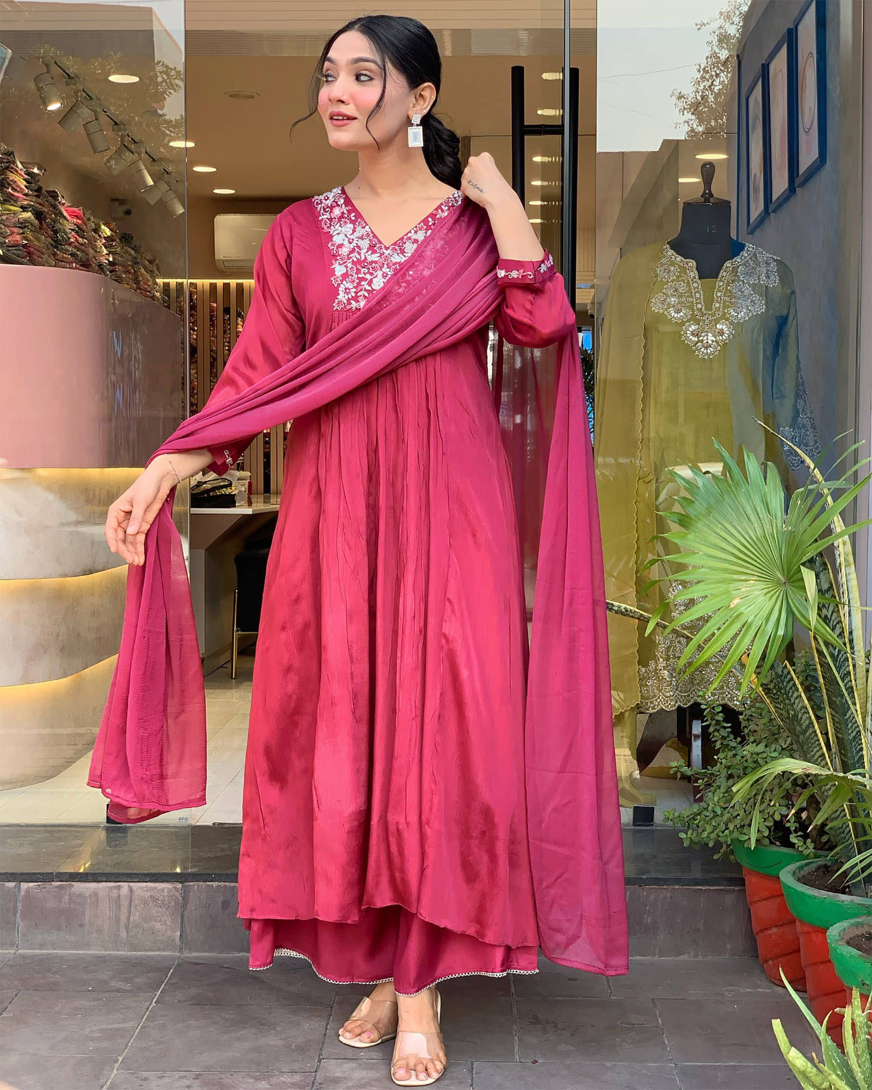     			kedar fab Women Chiffon Embroidered Anarkali Kurti with Dupatta ( Pink )