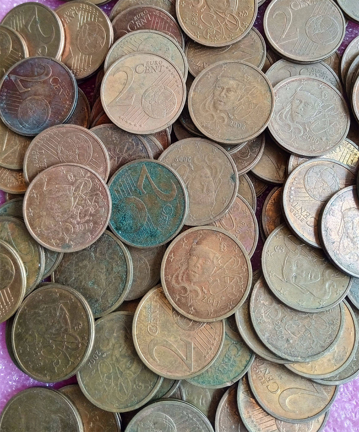     			( 1 KILO = 300 COINS LOT ) FRANCE - 2 CENT EURO - mixed years