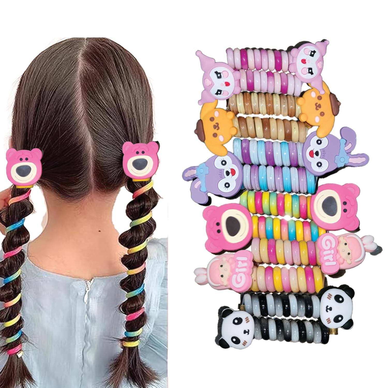     			2Pc Rainbow Color Telephone Wire Rubber Bands for Girls Kids Braided Spiral Hair Ties Cute Cartoon Characters Multi Pattern Ponytail Maker Elastic Hair Accessories for Girls.