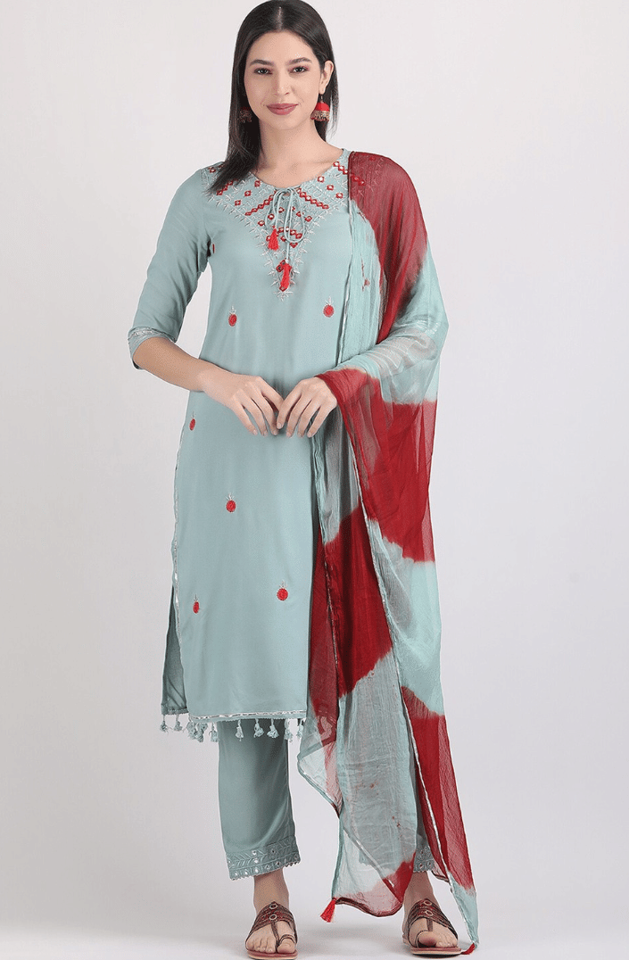 ANNEIV Women Rayon Embroidered Straight Kurti With Pants ( Light Blue )