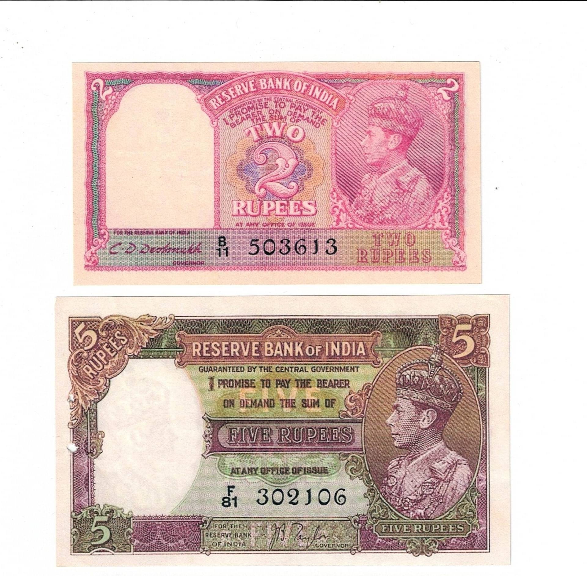 Combo Of 2 Old British India King George VI Fancy 2 Rupees And 5 Rupees Note only for collection and School Exhibition Combo Of 2 Old British India King George VI Fancy 2 Rupees And 5 Rupees Note only for collection and School Exhibition