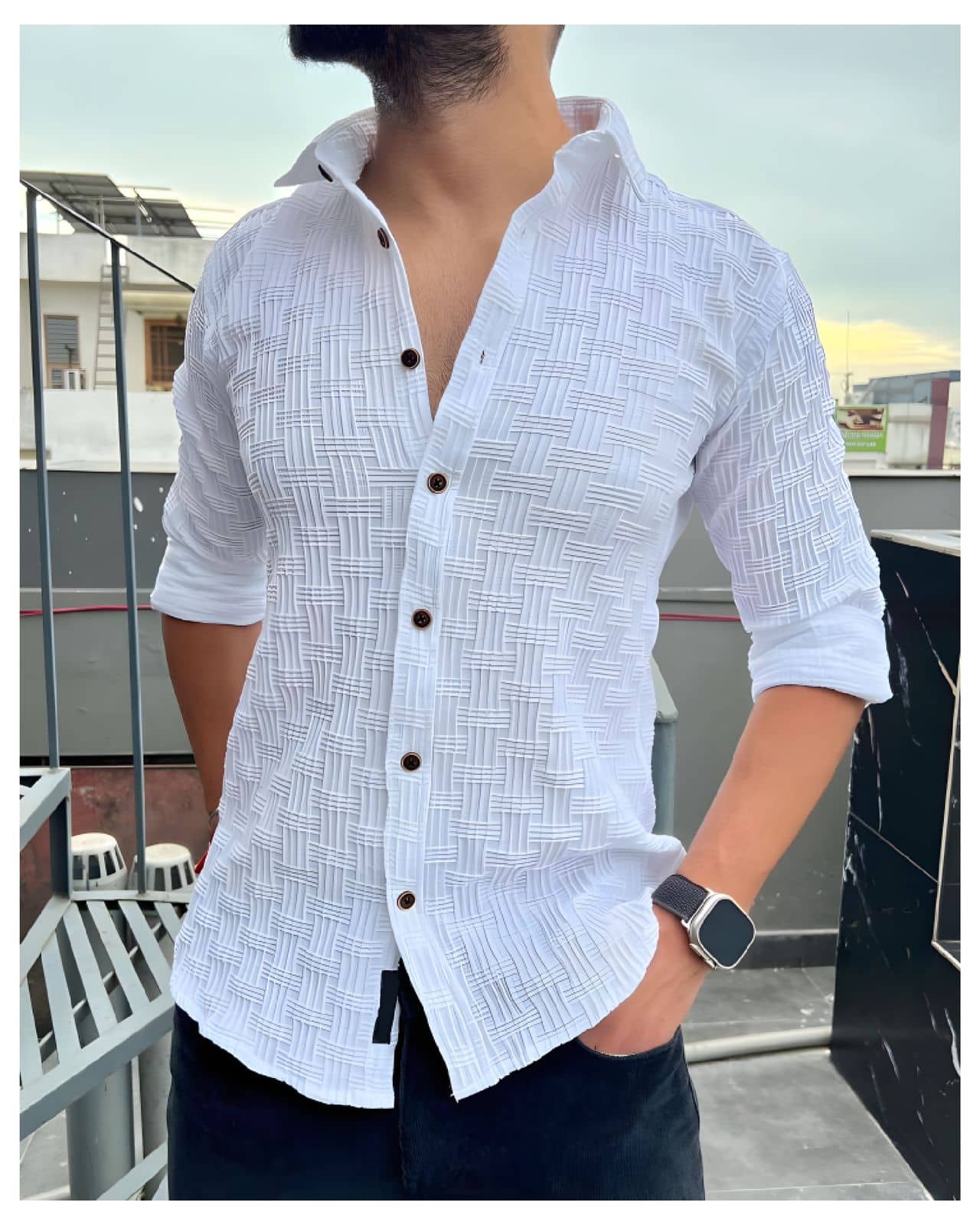 DEARISE Poly Cotton Regular Fit Popcorn Textured Full Sleeves Men's Casual Shirt - White ( Pack of 1 )