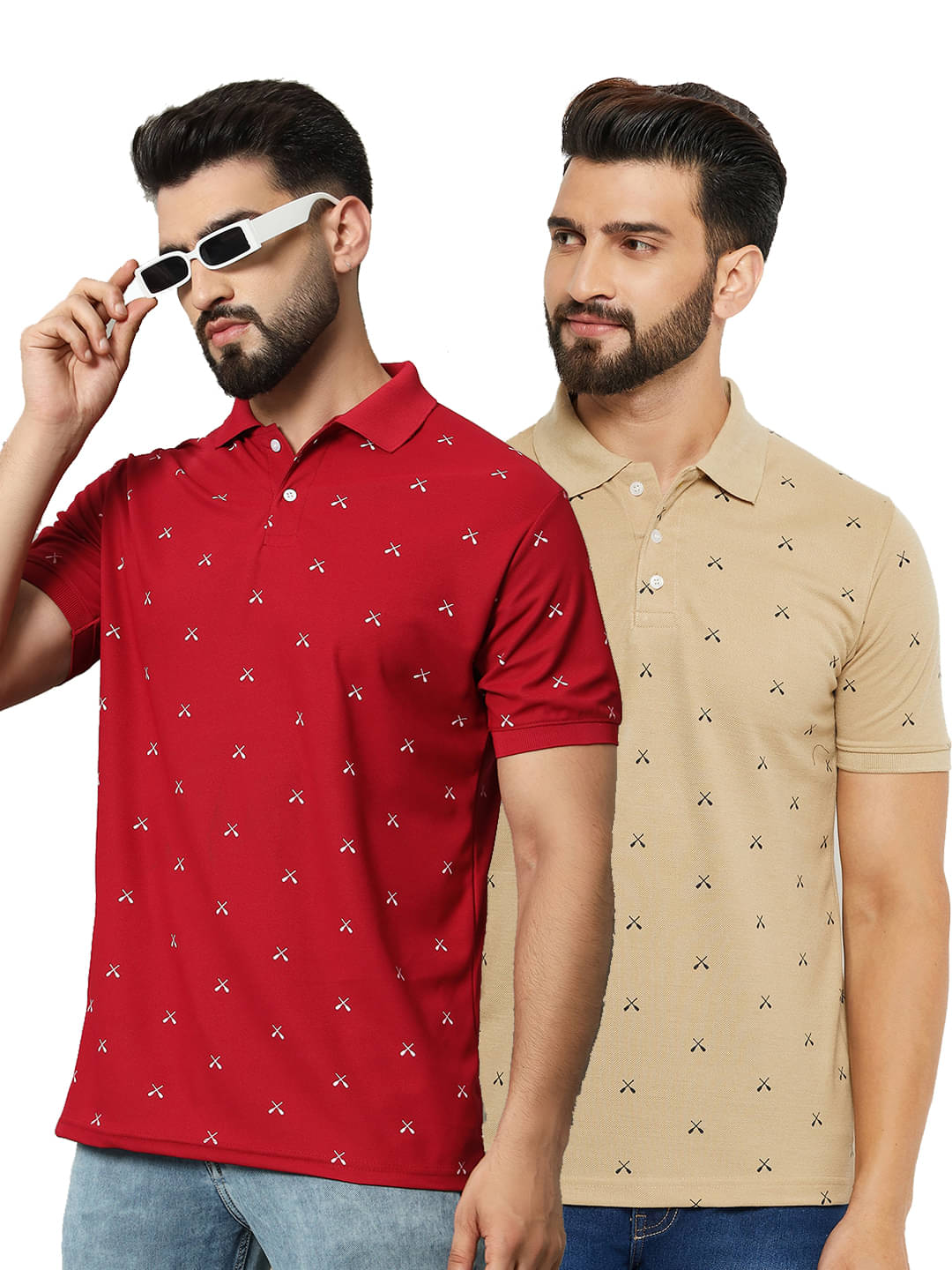     			DENNIN Men Cotton Blend Regular Fit Printed Polo T Shirt ( Beige )