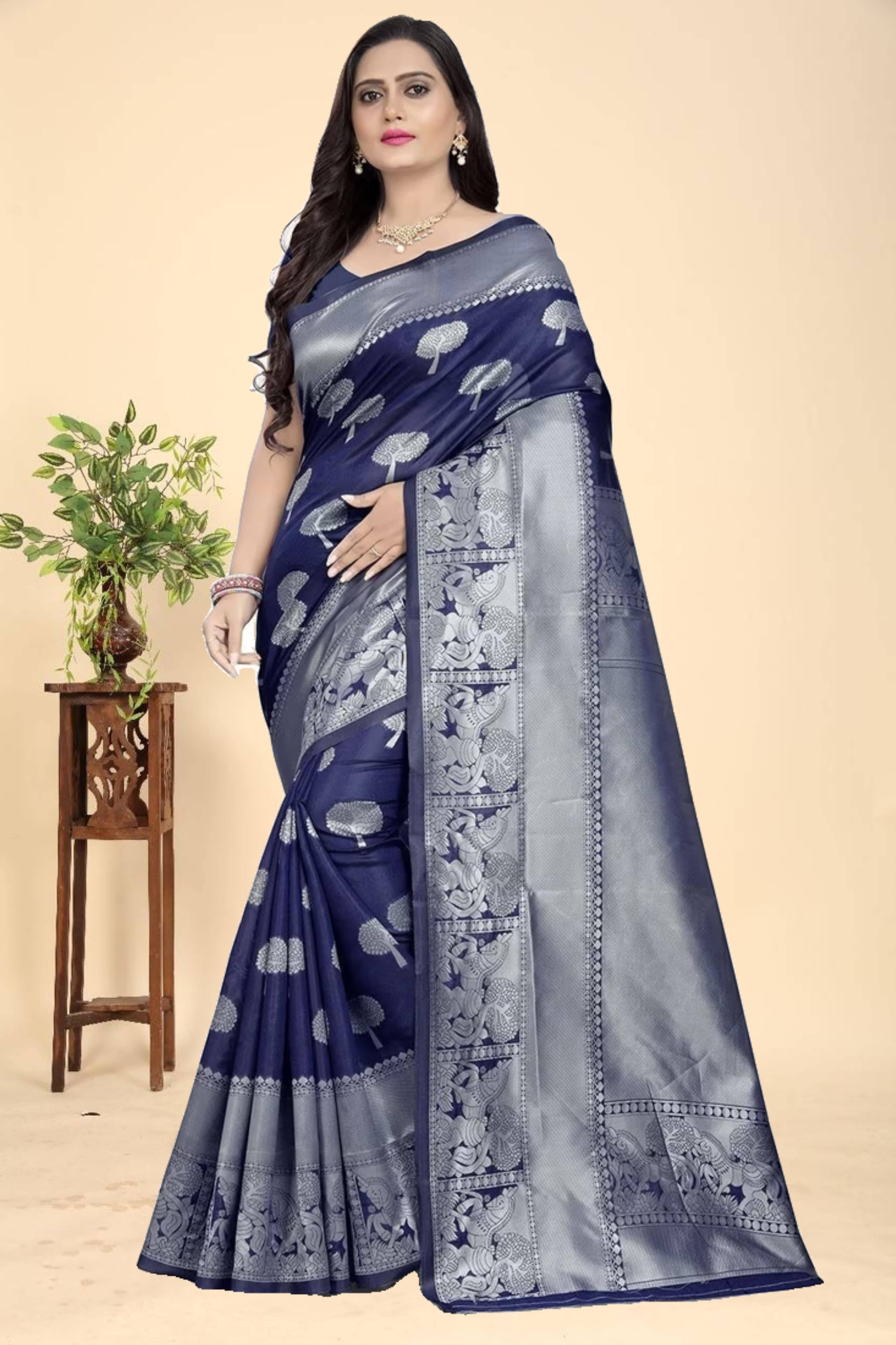 Kevami Fashion Art Silk Embellished Banarasi saree With Unstitched Blouse Piece ( Blue ) Kevami Fashion Art Silk Embellished Banarasi saree With Unstitched Blouse Piece ( Blue )