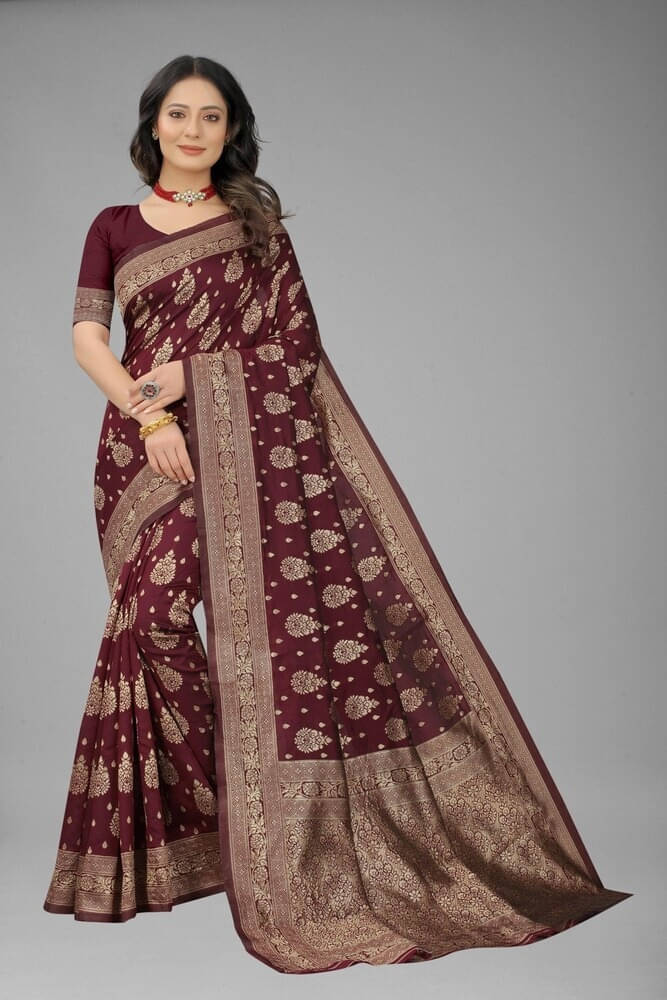     			Kevami Fashion Art Silk Printed Banarasi saree With Unstitched Blouse Piece ( Brown )