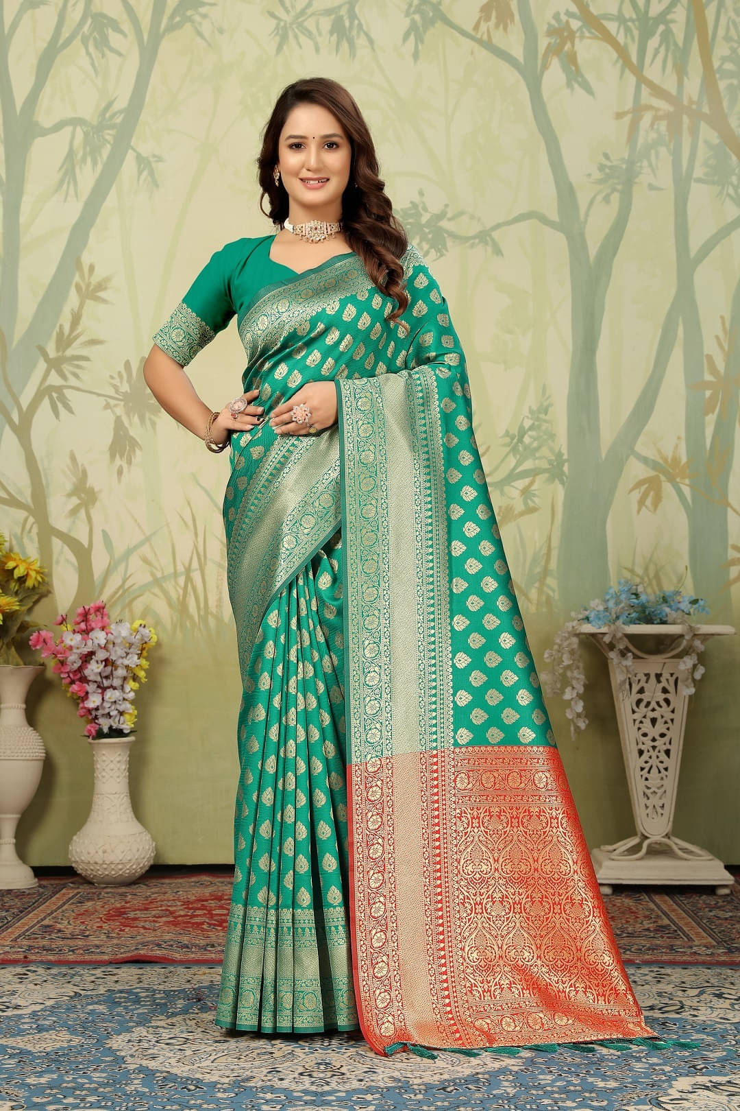     			Kevami Fashion Jacquard Woven Banarasi saree With Unstitched Blouse Piece ( Light Green )
