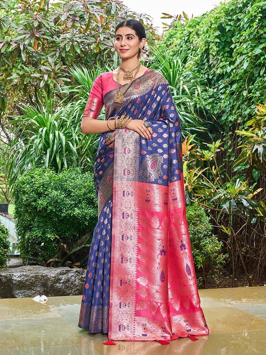 Kevami Fashion Silk Blend Woven Kanjeevaram Sarees With Unstitched Blouse Piece ( Blue ) Kevami Fashion Silk Blend Woven Kanjeevaram Sarees With Unstitched Blouse Piece ( Blue )