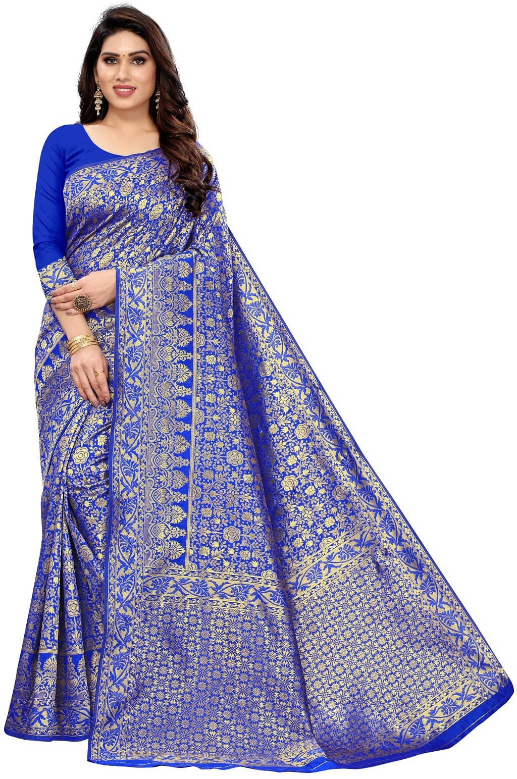     			Kevami Fashion Silk Printed Banarasi saree With Unstitched Blouse Piece ( Blue )