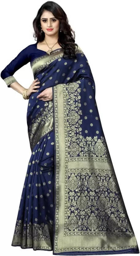Kevami Fashion Silk Self Design Banarasi saree With Unstitched Blouse Piece ( Blue ) Kevami Fashion Silk Self Design Banarasi saree With Unstitched Blouse Piece ( Blue )