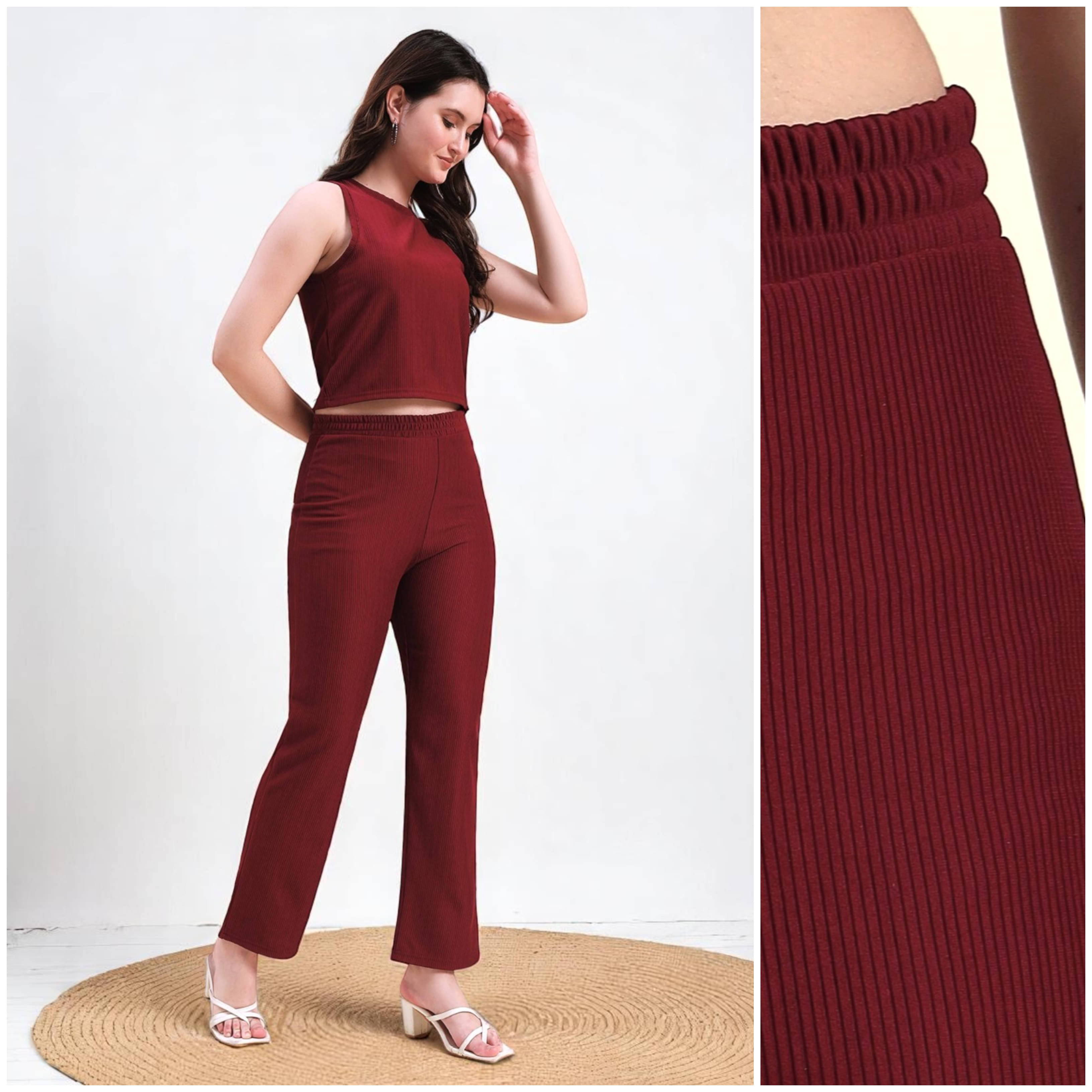     			Leewan Women Self Design T-Shirt With Trousers Co-Ord Set ( Maroon )
