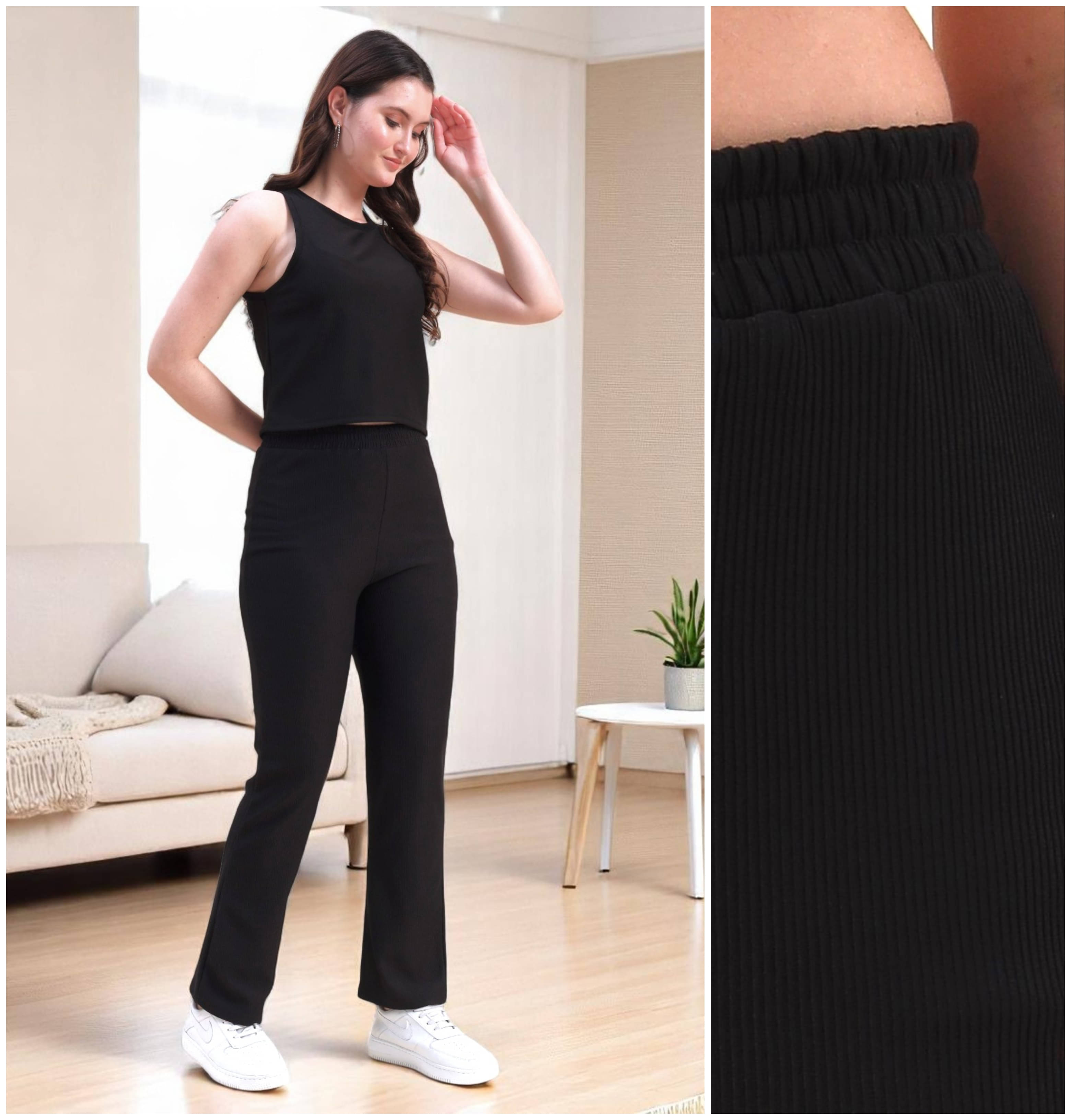     			Leewan Women Solid T-Shirt With Trousers Co-Ord Set ( Black )