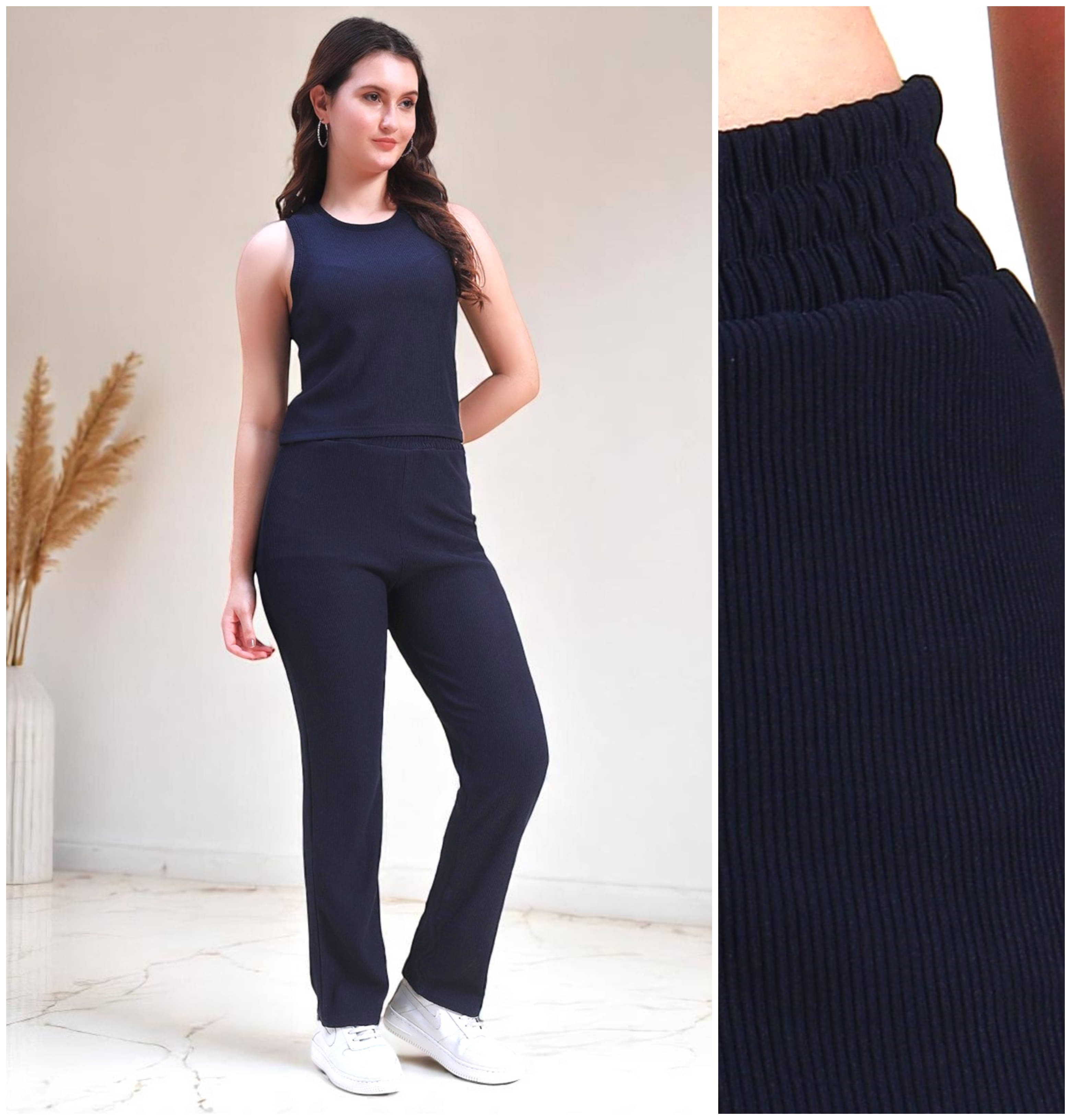     			Leewan Women Solid T-Shirt With Trousers Co-Ord Set ( Navy Blue )