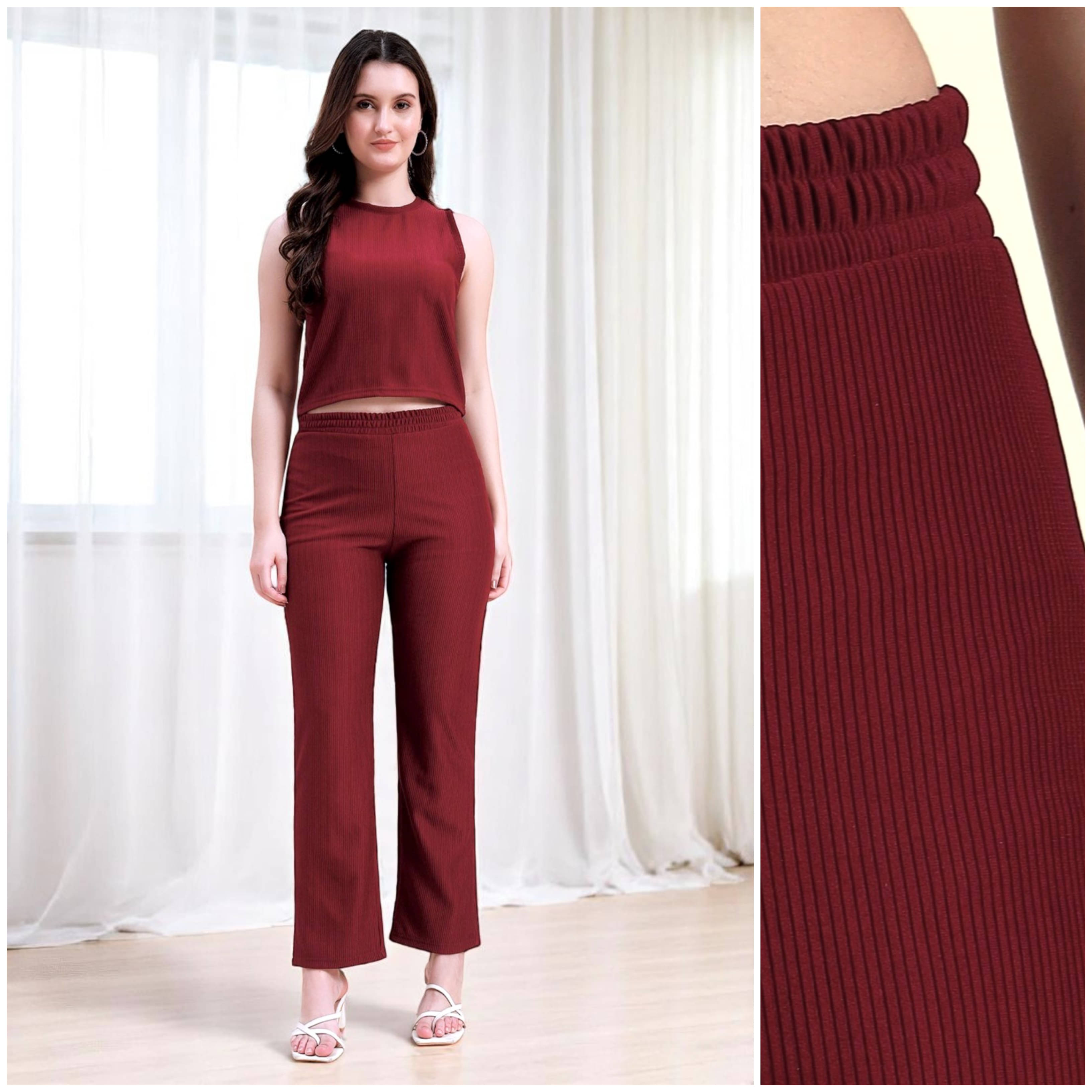     			Leewan Women Solid T-Shirt With Trousers Co-Ord Set ( Maroon )