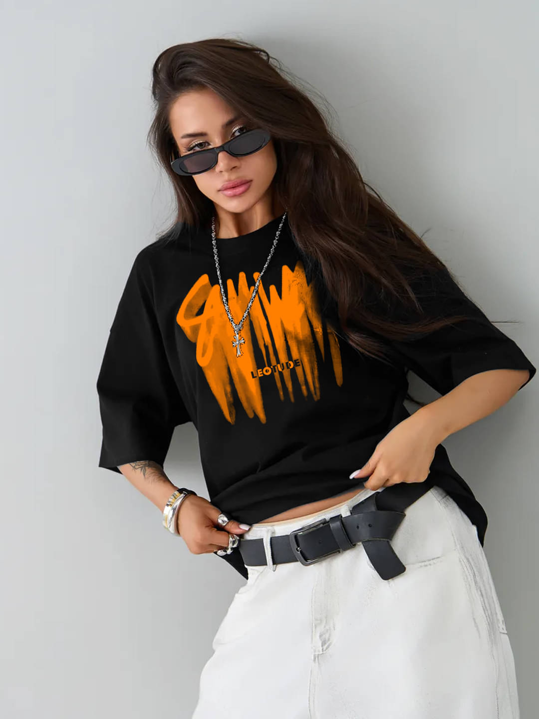 Leotude Women Cotton Blend Printed Oversized Fit Round Neck T-Shirt ( Black ) Leotude Women Cotton Blend Printed Oversized Fit Round Neck T-Shirt ( Black )