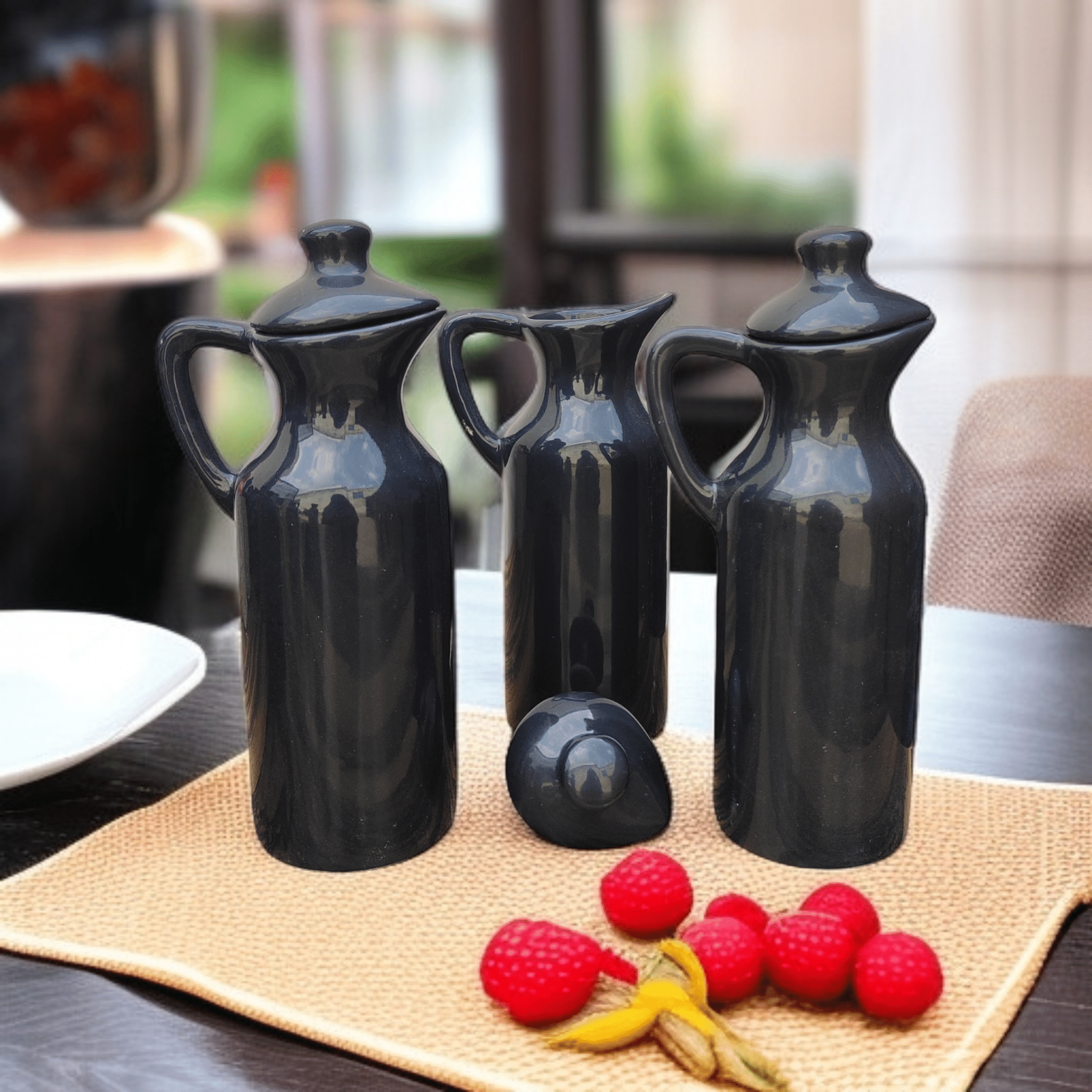     			Malaikah Blk Sld Oil Dspnsr Ceramic Black Oil Container ( Set of 3 )