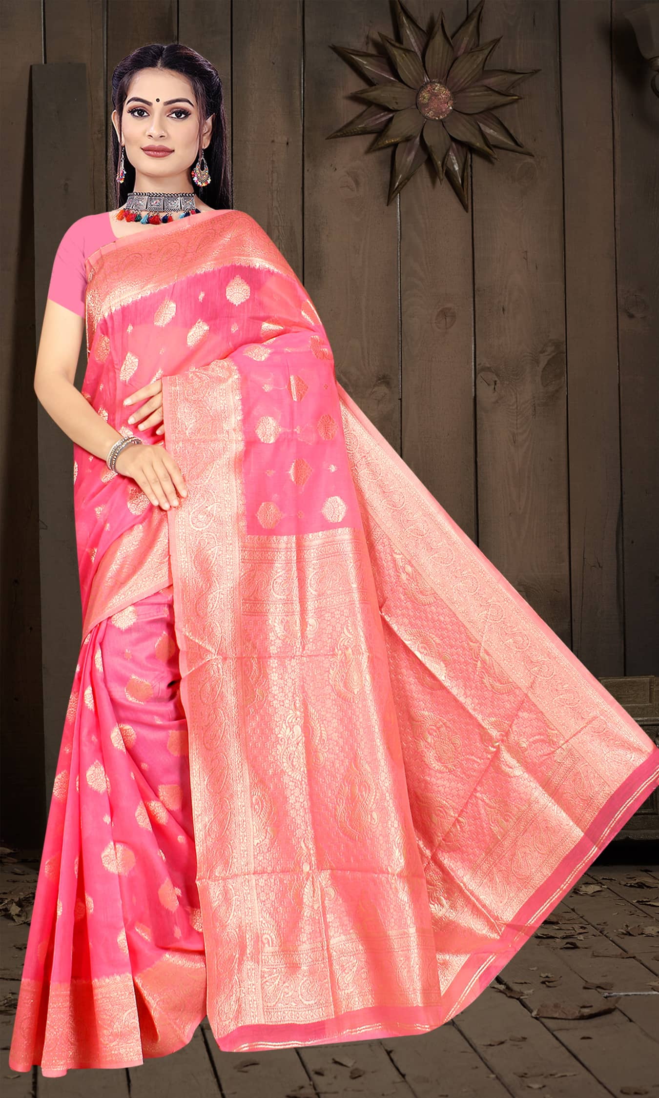 NENCY FASHION Cotton Silk Woven Banarasi saree With Unstitched Blouse Piece ( Peach ) - Sarees | Buy online on ZillyBuy