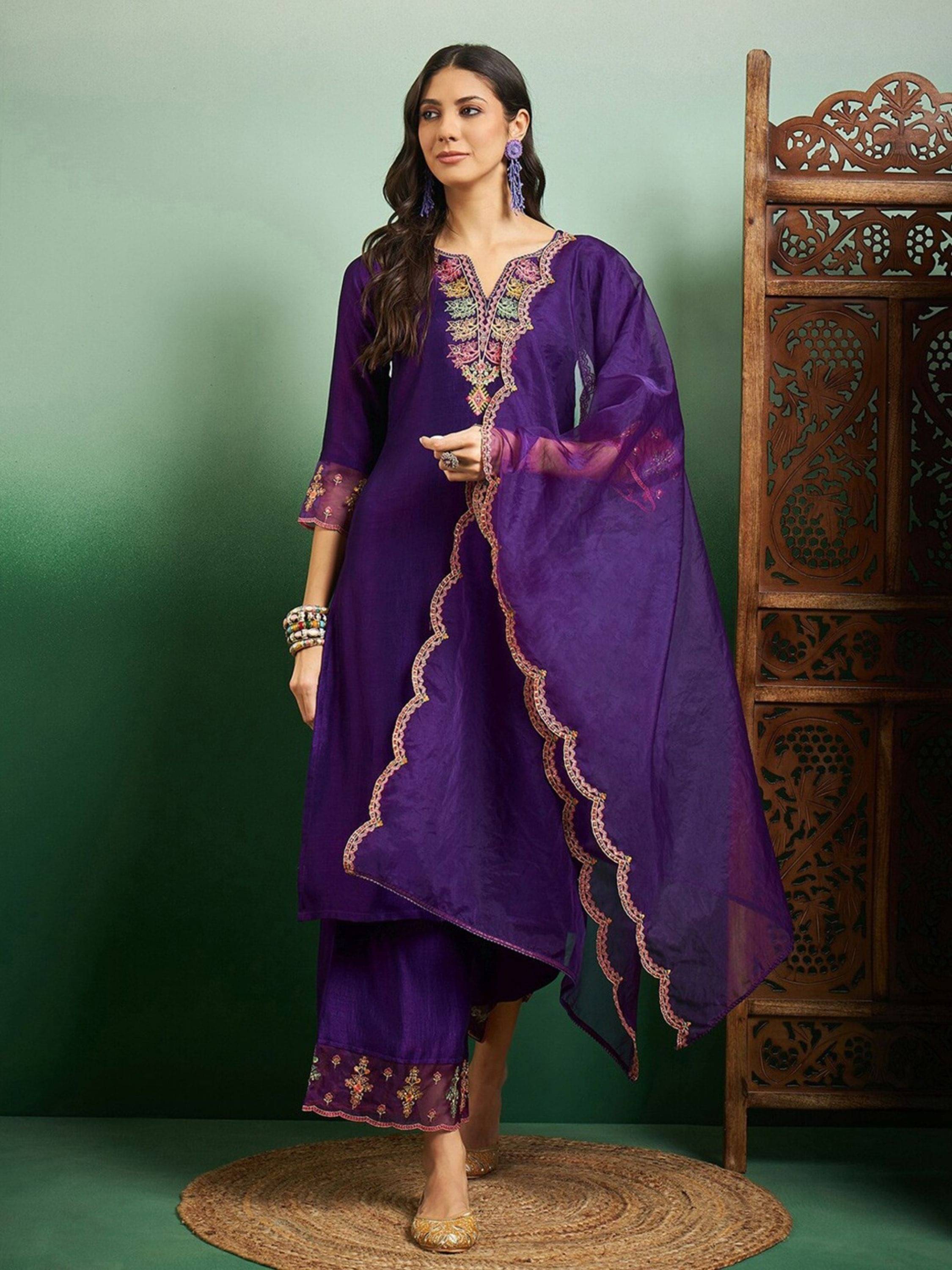 Niza Fashion Women Silk Embroidered Straight Kurti With Pants ( Purple ) Niza Fashion Women Silk Embroidered Straight Kurti With Pants ( Purple )
