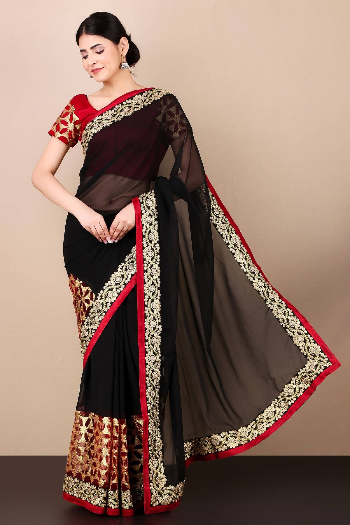Prazvika Georgette Embroidered Chanderi saree With Unstitched Blouse Piece ( Black ) Prazvika Georgette Embroidered Chanderi saree With Unstitched Blouse Piece ( Black )