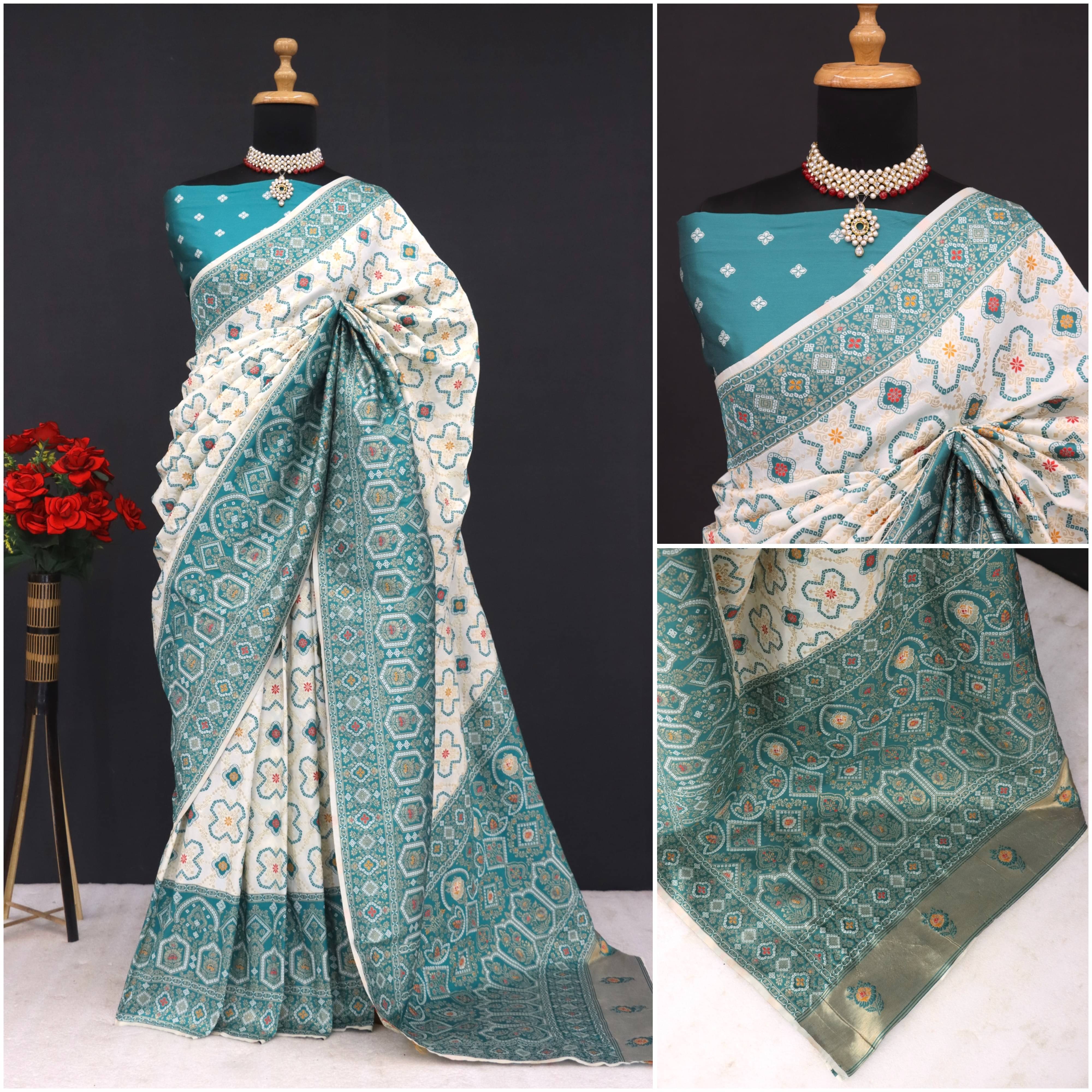 SHRIMORI Silk Blend Printed Paithani Sarees With Unstitched Blouse Piece ( Rama ) SHRIMORI Silk Blend Printed Paithani Sarees With Unstitched Blouse Piece ( Rama )