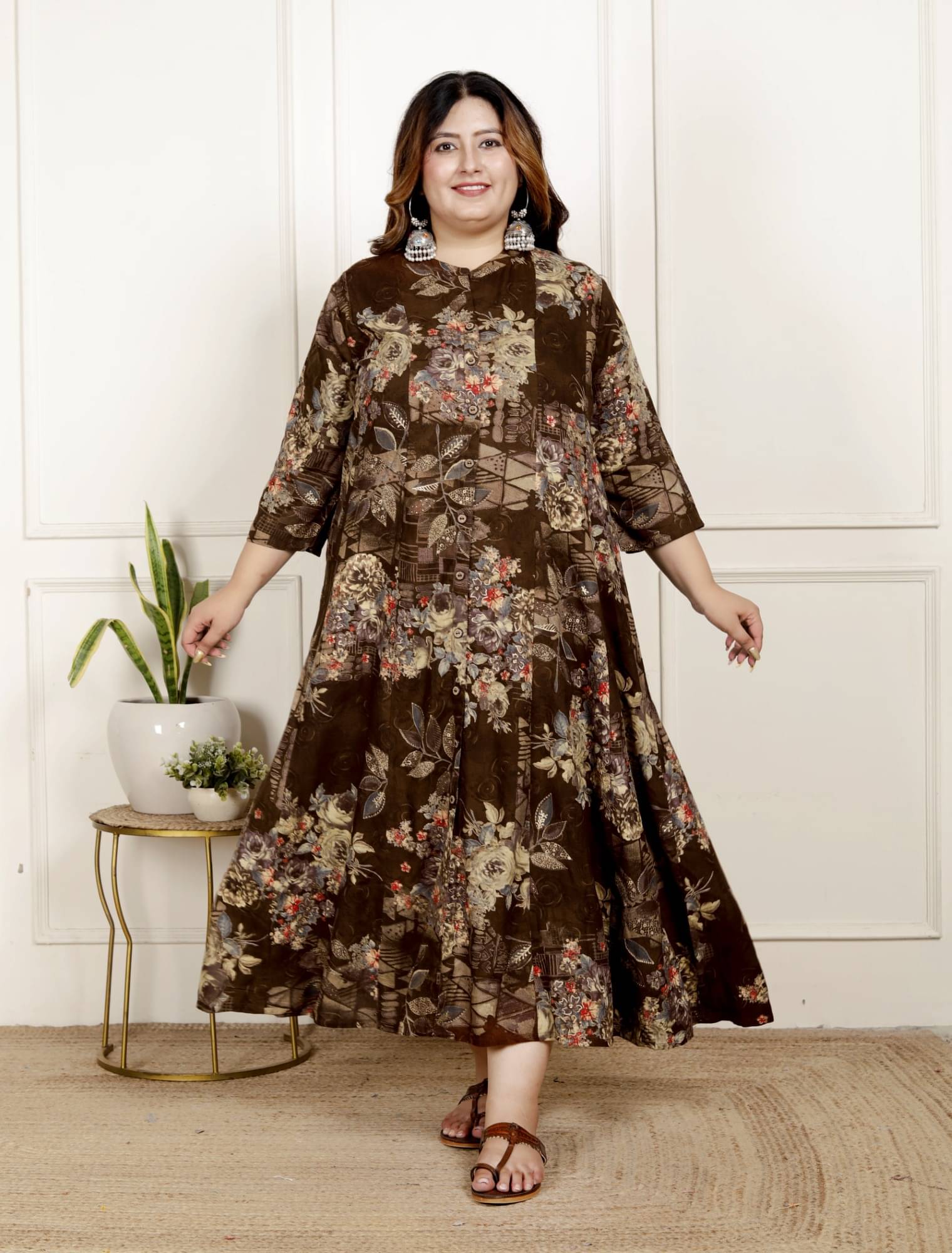     			Swasti Women Cotton Blend Printed Flared Kurti ( Brown )