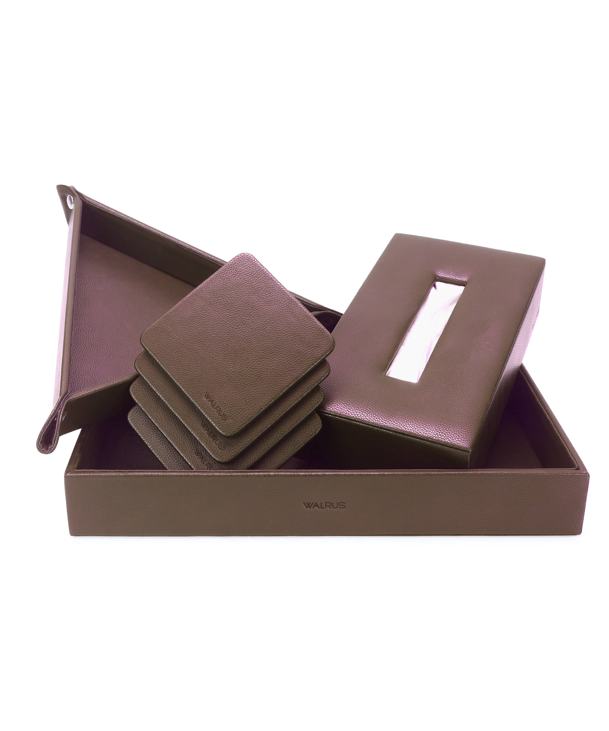     			Walrus Premium Combo – Faux Leather Tray Organizer, Wooden Tissue Box & Coaster Set | Desk Organizer for Office/Home | Multipurpose Storage & Dining Table Accessories (Set of 4)
